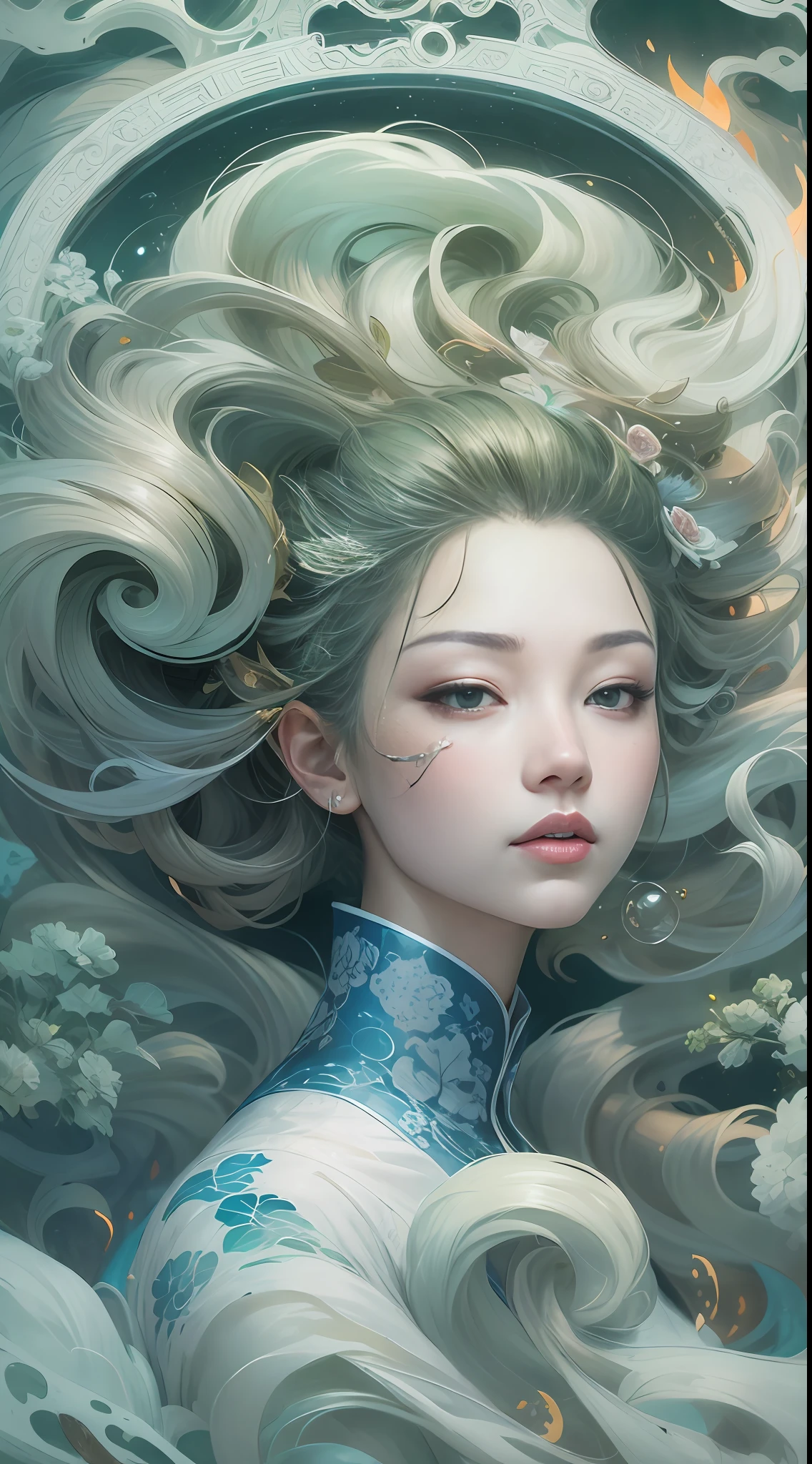 surrealism, conceptual art, classicism, back lit lighting, full bloom, Optical illusion, Wide-angle, Eye level shots, projected inset, hyper HD, Masterpiece, Textured skin, Super detail, High quality, Award-Awarded,Blue and white porcelain beauty,Green Swirl Soul, ornate and flowing, author:Tan Yang Kano,Ellen Jewett, Beeple e James Jean, author:Wen Boren, james jean and wlop, Chinese art, author:Ren Renfa, yanjun cheng, Thomas Villatte is intricate