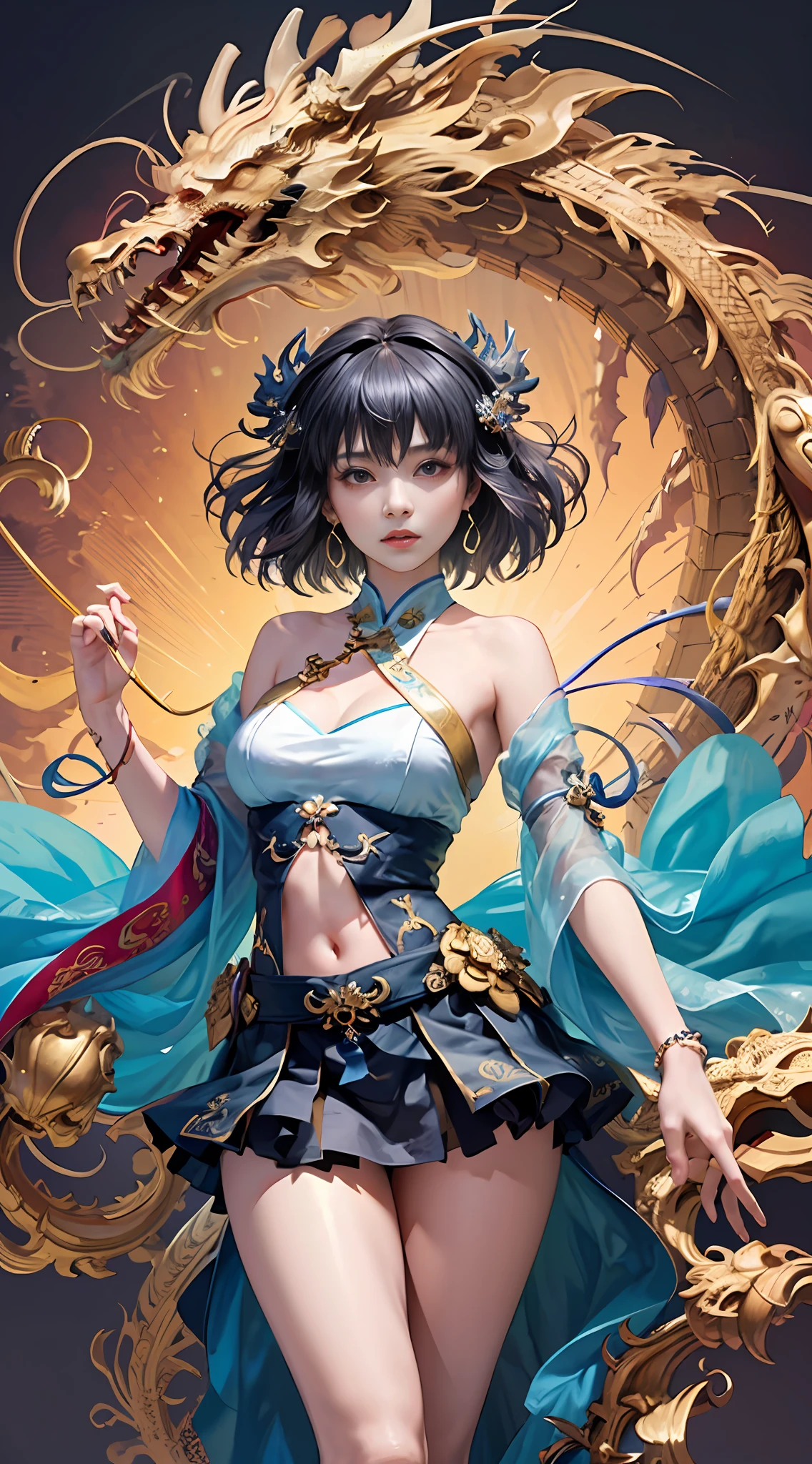 offcial art,统一 8k 壁纸,ultra - detailed,Beauty and aesthetics,tmasterpiece,best qualtiy,(zentangle,tangle,entangle),(s fractal art:1.4),(The character is centered:1.2),1girl,black color hair,chineseidol,cropped shoulders,long skirt,small thighs,nabel,The is very detailed,dynamic angle,cowboyshot,(Chaos in its most beautiful form),flowy,(vivd colour),OC,(A half body:1.2),Chinese big breasts,(thangka flying sky:1.5),(ribbons:1.3),(dream magical:1.5),(Hanfu:1.5),chinesedragon,(ssmile:0.5 ),(chinese deity),