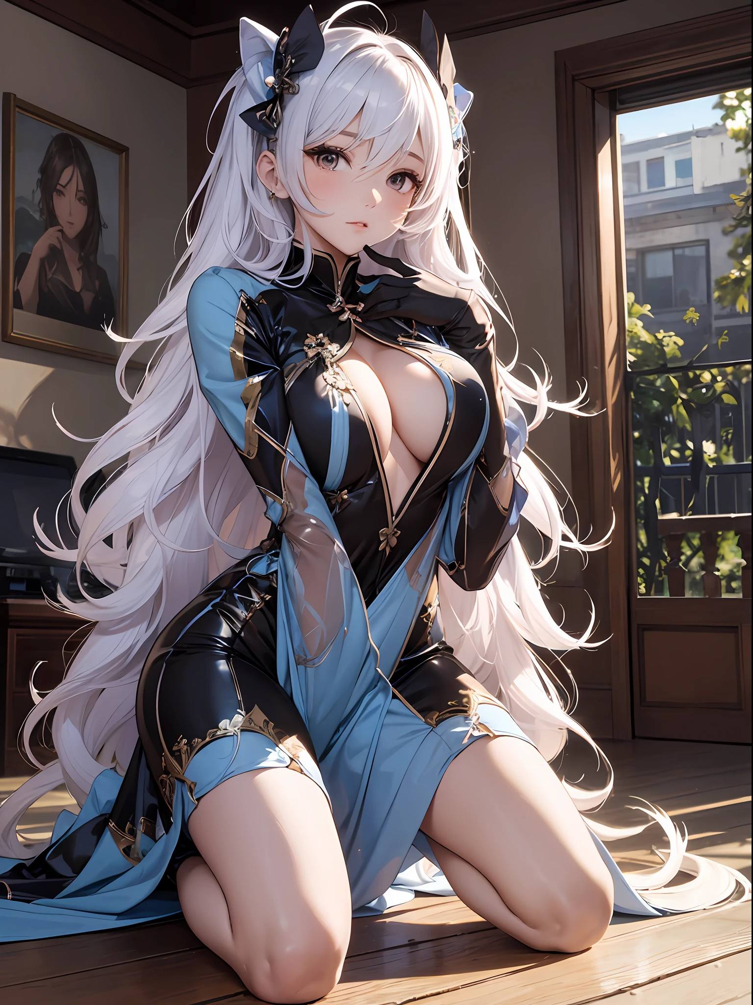 （Enrich the picture，Masterpiece level quality）Beautiful 8K CG artwork，Goddess-like posture，Kneeling exercise，Slim and soft，Translucent skin，Hair with five-color elements、The aesthetic look of extra-long hair and messy hair，The skin is fair and juicy，Big JK Uniform，Perspective Part 1.2x enhanced silhouette effect，Exquisite transparent blues pattern in pajamas，The details are intricate and exquisite，The background is slightly blurred，Charming and lustful leg seduction，Drool，Extra-large big breasts，Blush，