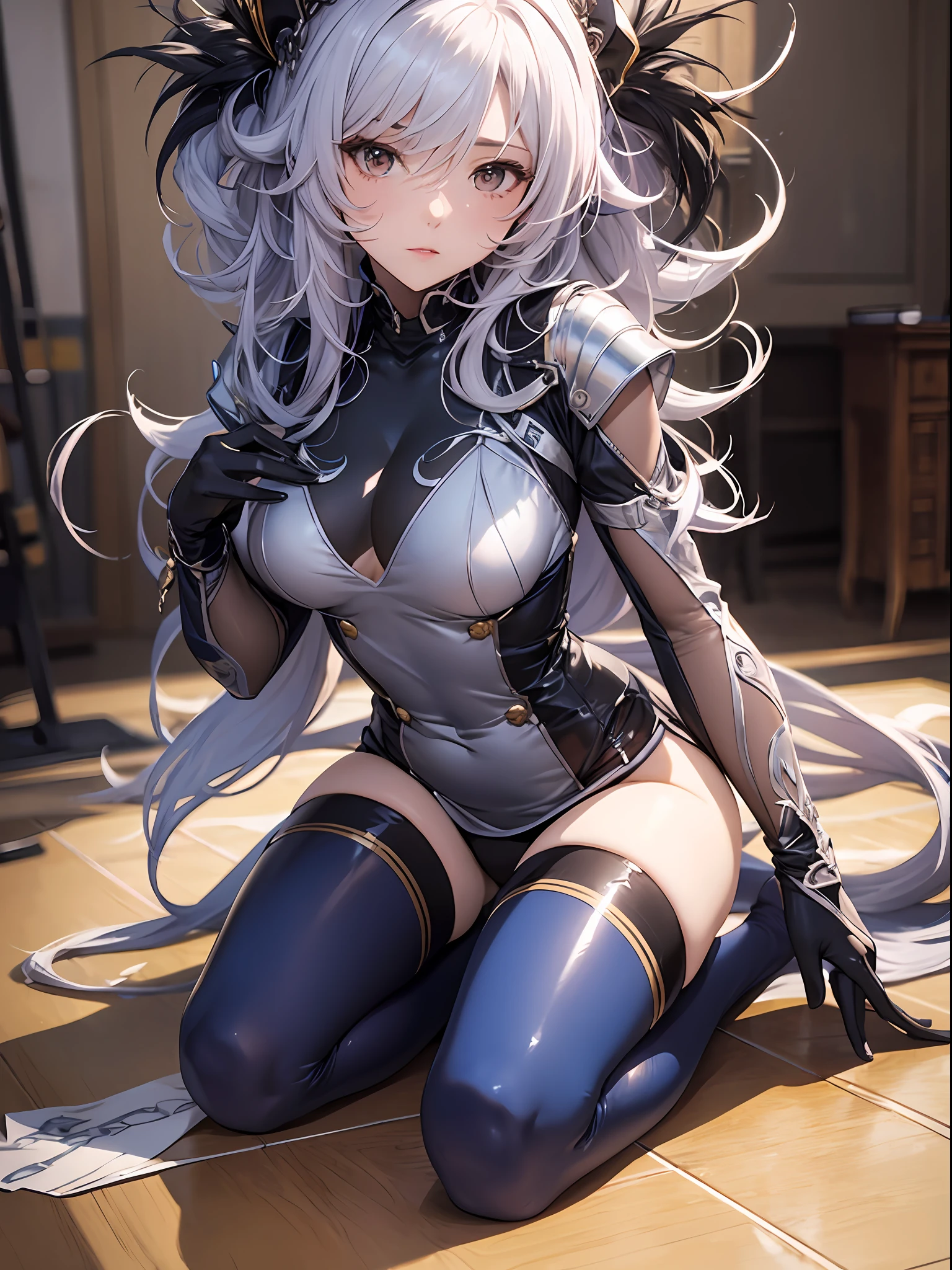 (Enrich the picture,Masterpiece level quality)Beautiful 8K CG artwork,Goddess-like posture,Kneeling exercise,Slim and soft,Translucent skin,Hair with five-color elements、The aesthetic look of extra-long hair and messy hair,The skin is fair and juicy,Big JK Uniform,Perspective Part 1.2x enhanced silhouette effect,Exquisite transparent blues pattern in pajamas,The details are intricate and exquisite,The background is slightly blurred,Charming and lustful leg seduction,Drool,Extra-large big breasts,Blush,