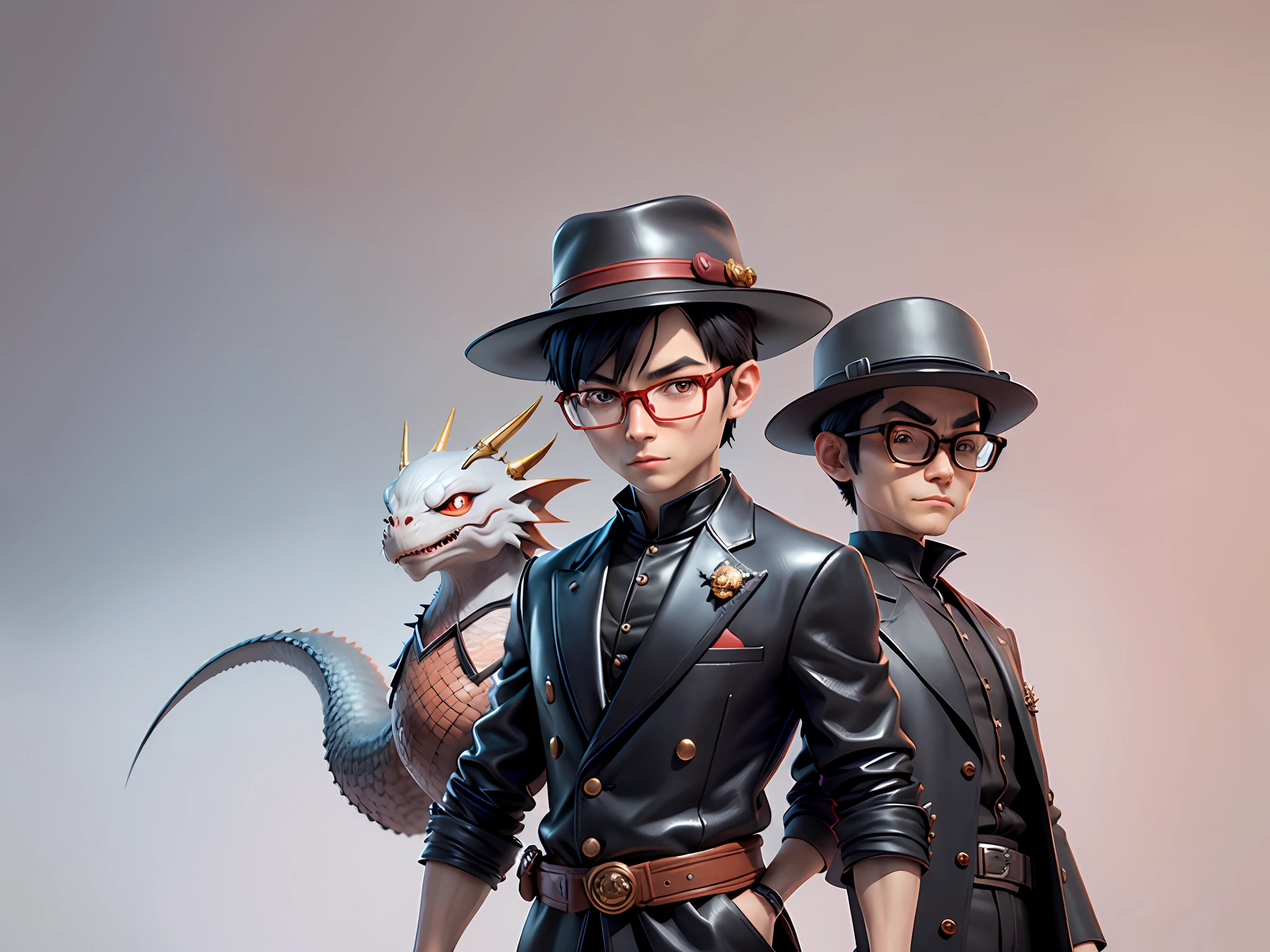 Young man with oriental face in leather hat, dragon, formal suit, short black hair, silver glasses, digital painting, 3D character design by Mark Clairedon and Pixar and Hayao Miyazaki and Akira Toriyama, the illustration is a high-definition illustration in 4K resolution with very detailed facial features and cartoon-style visuals.