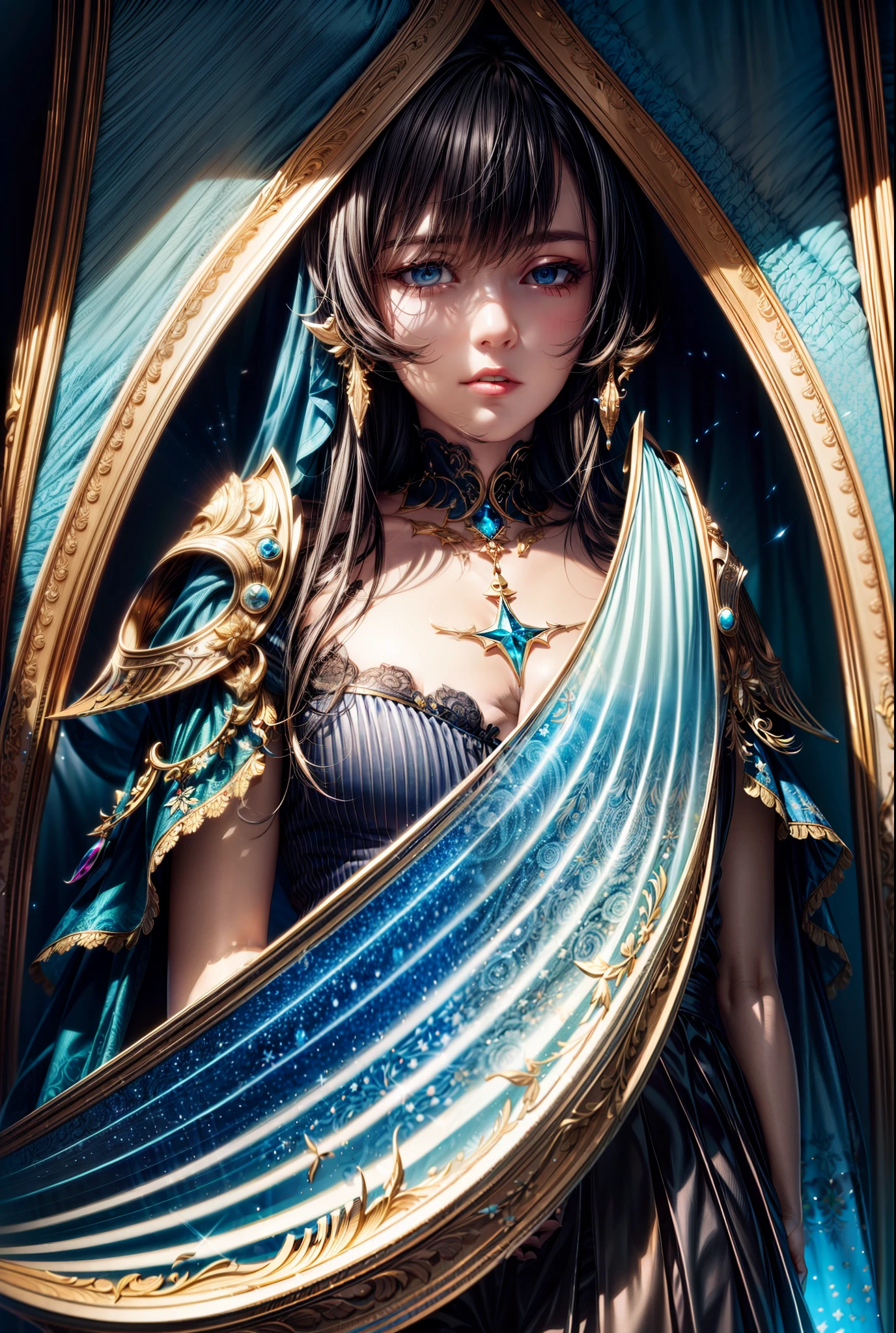 poster illustration, realistic, high detail, intricate design, swirls within swirls, woman, long straight hair ,nightsky ,flat chest, iridescent strands of cloths, glowing strands of cloths, A digital illustration chromatic aberration, AND (glowing, holofoil:0.6)