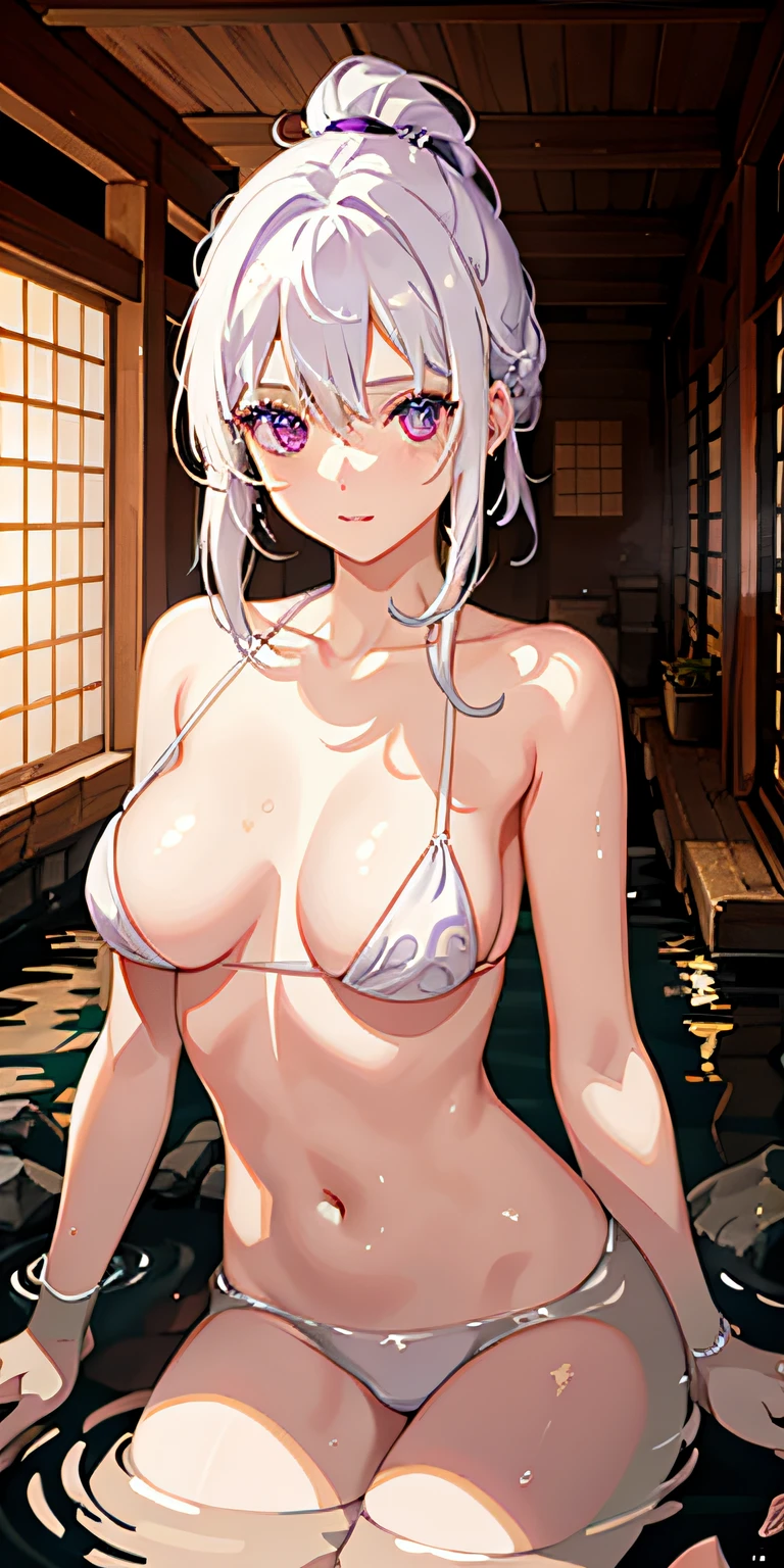 1girl, White hair, Purple eye, sportrait, photorealestic, , (onsen), sidelighting, wallpaper, nsfw,