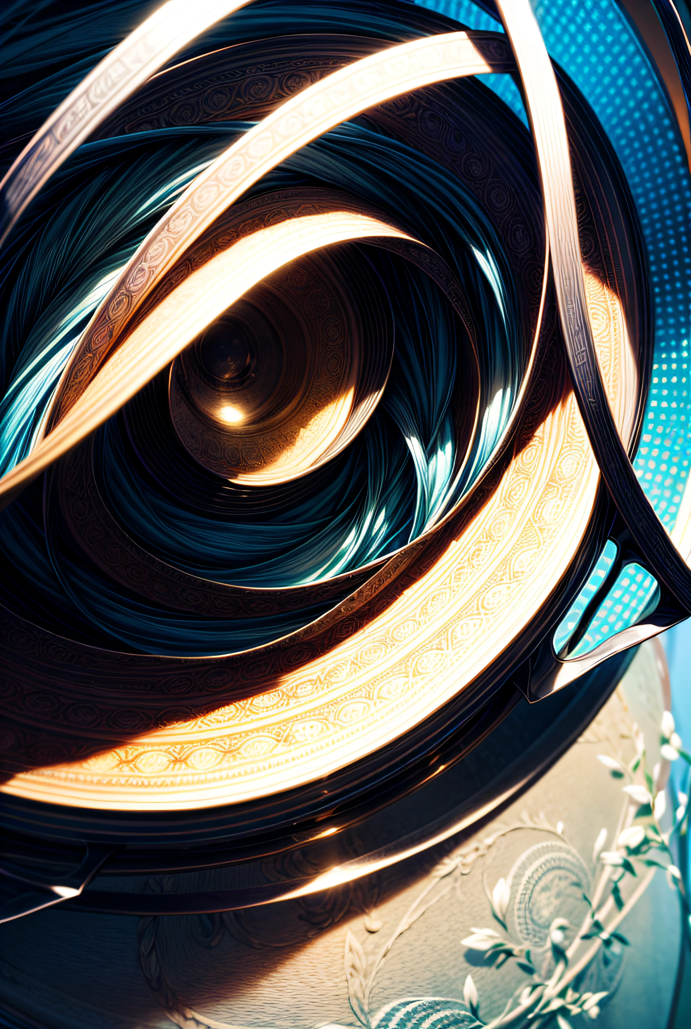 poster illustration, realistic, high detail, intricate design, swirls within swirls, woman, long straight hair ,nightsky ,flat chest, iridescent strands of cloths, glowing strands of cloths, A digital illustration chromatic aberration, AND (glowing, holofoil:0.6)