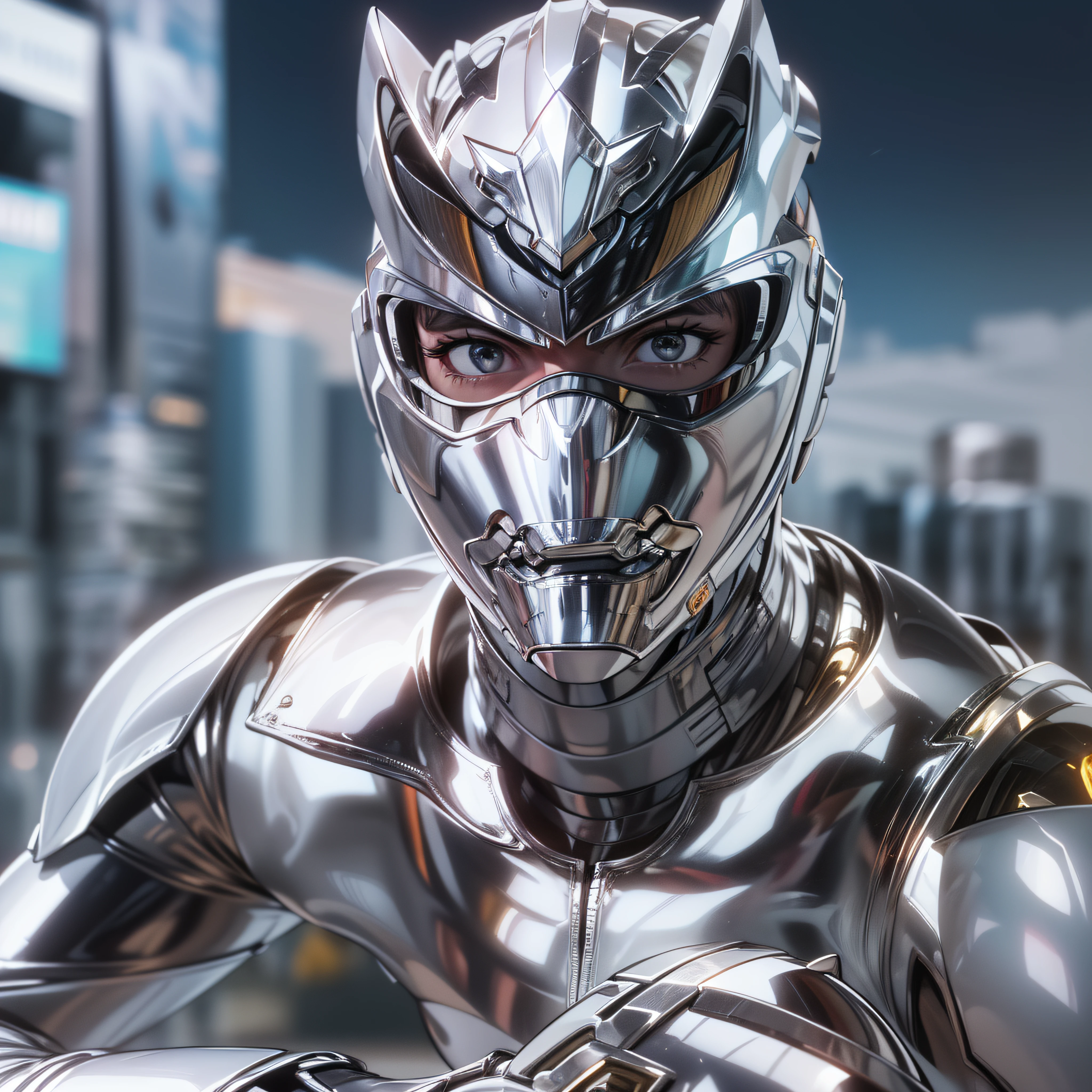 1man, masterpiece,best quality, masterpiece, high detail,detailed face,detailed eyes,rendered eyes,perfect eyes,hip lines,ambient occlusion,crisp image,detailed,amazing,8k,8k wallpaper,8k background,high detailed skin,high res, ((male shot)), (running), megazord, mecha, (sitting in megazord cockpit) ((solo)), (silver chrome male Power Ranger), (((silver chrome armor, silver chrome Fox helmet, silver chrome bodysuit, white belt, black eyes, white gloves))), (((white boots))), gold chrome armor, white gloves, silver chrome bodysuit, vambraces, photo-realistic, ultra-realistic, unreal engine,
