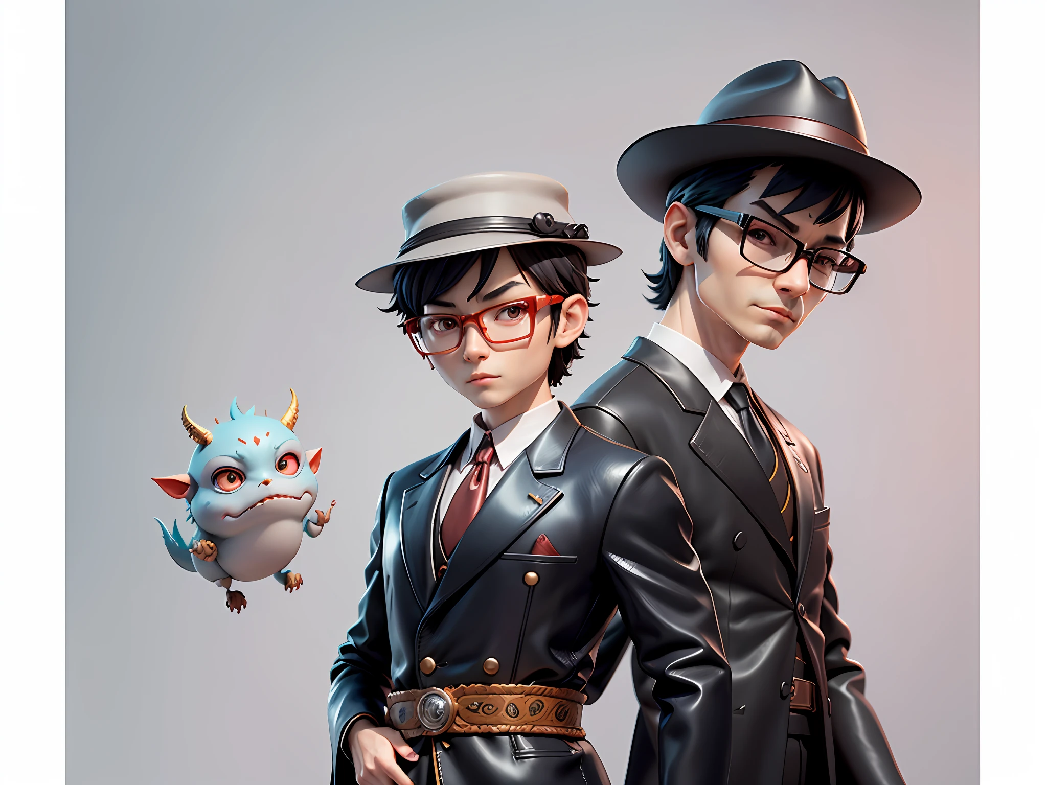 Young man with oriental face in leather hat, dragon, formal suit, short black hair, silver glasses, digital painting, 3D character design by Mark Clairedon and Pixar and Hayao Miyazaki and Akira Toriyama, the illustration is a high-definition illustration in 4K resolution with very detailed facial features and cartoon-style visuals.