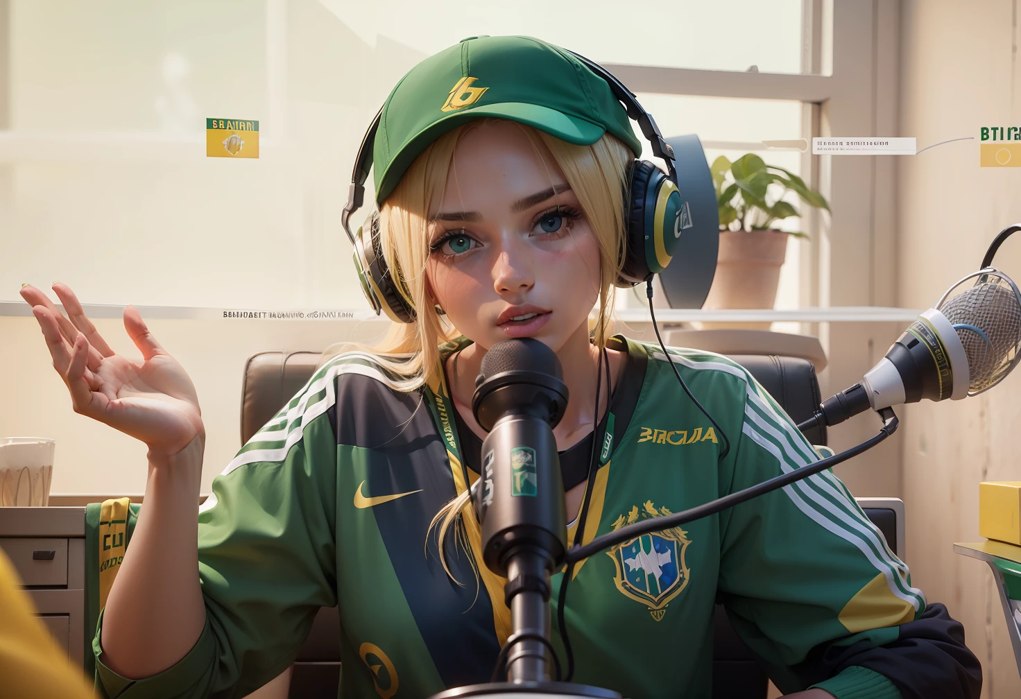 podcast blonde girl with brazilian national team shirt (green, blue and yellow)