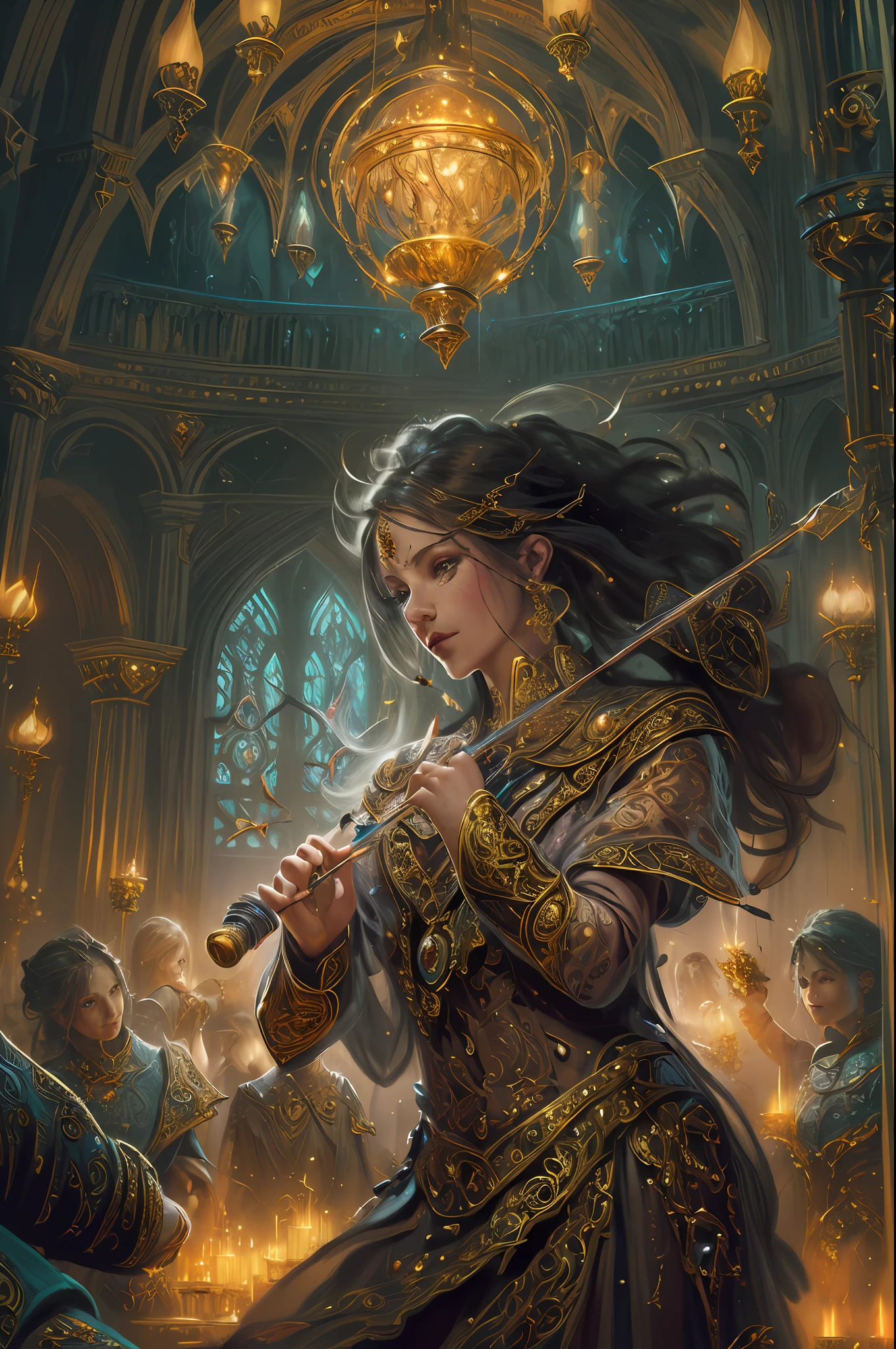high details, best quality, 8k, [ultra detailed], masterpiece, best quality, (extremely detailed), dynamic angle, ultra wide shot, photorealistic, RAW fantasy art, dnd art, dark fantasy art, realistic art, gothic art, an ultra wide, full body, a picture  of a human female  (1.5 intricate details, Masterpiece, best quality) fantasy bard, fantasy enchanter,  playing a flute and enchanting people with magical song, colorful clothes, dynamic clothing, epic beautiful female bard (1.5 intricate details, Masterpiece, best quality), dynamic hair, tavern full of crowd, many people (1.5 intricate details, Masterpiece, best quality), bard playing the flute and enchanting audience (1.5 intricate details, Masterpiece, best quality), candles lights, fantasy chandelier, magical notes, magical sigils in the air (1.5 intricate details, Masterpiece, best quality),