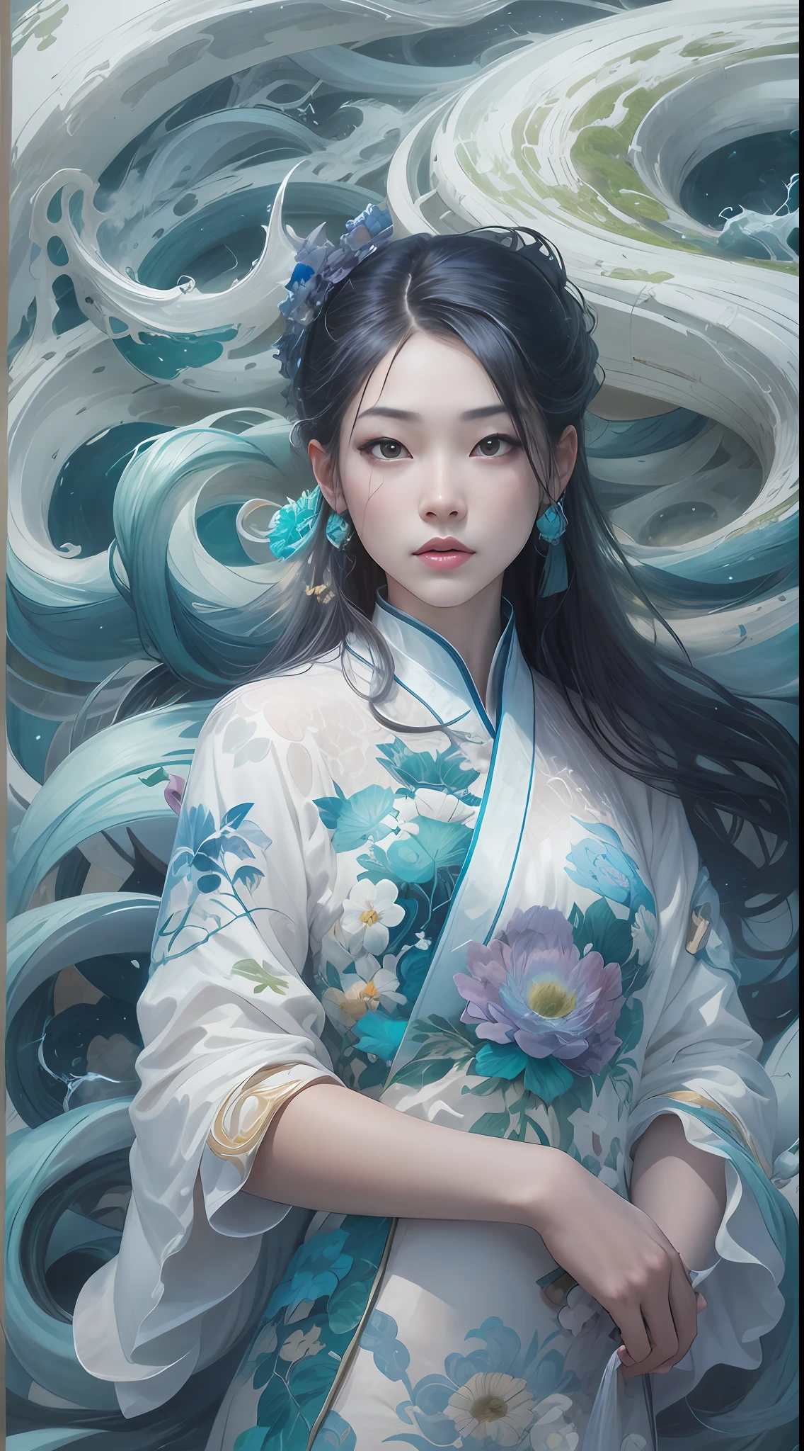 surrealism, conceptual art, classicism, back lit lighting, full bloom, Optical illusion, Wide-angle, Eye level shots, projected inset, hyper HD, Masterpiece, Textured skin, Super detail, High quality, Award-Awarded,Blue and white porcelain beauty,Green Swirl Soul, ornate and flowing, author:Tan Yang Kano,Ellen Jewett, Beeple e James Jean, author:Wen Boren, james jean and wlop, Chinese art, author:Ren Renfa, yanjun cheng, Thomas Villatte is intricate