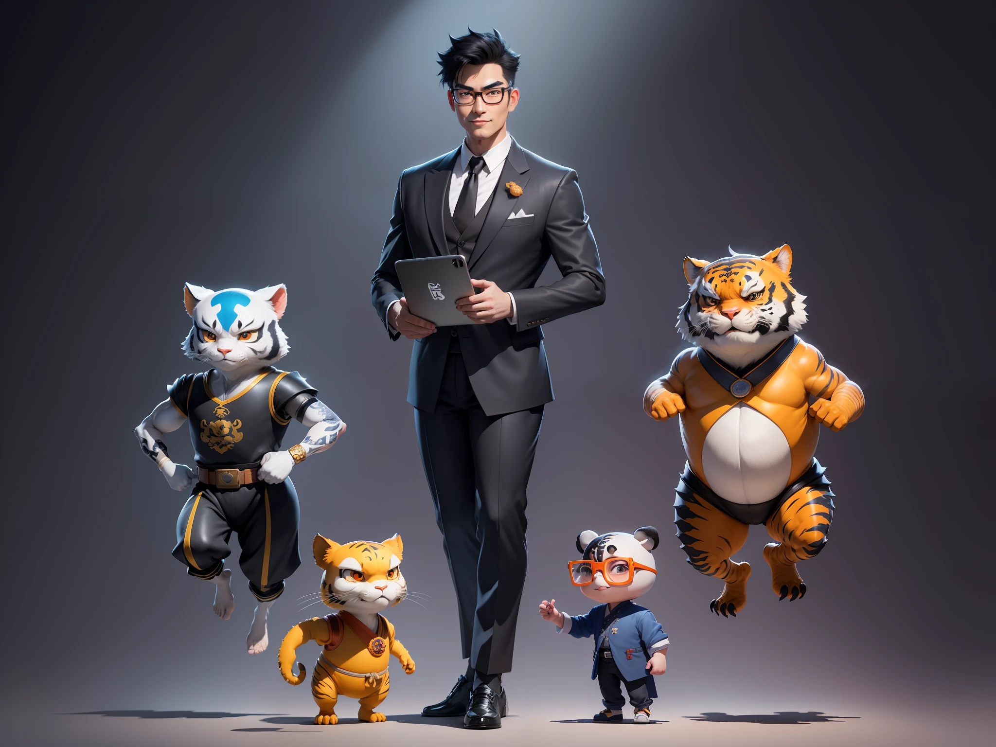 (Masterpiece), (Excellent), (Super Meticulous), (Full Body: 1.2), Super Young Man with Japanese Female Geisha, Pretty, Beautiful, Chinese Dragon, Tiger, Wind God Thor, Sexy, Bursting, Oriental Face, TV Anchor, Bust Portrait Illustration, Black Suit, Blue Tie, Slightly Chubby Face, Silver Glasses, Very Clean Face, No Beard on Chin, Black Super Short Hair, Black Eyes, Confident Smile, 3c Computer Sub-Products, iPad, iPhone, Digital Painting, 3D character design by Mark Clairedon and Pixar and Hayao Miyazaki and Akira Toriyama, the illustrations are HD illustrations in 4K resolution with highly detailed facial features and cartoon-style visuals.