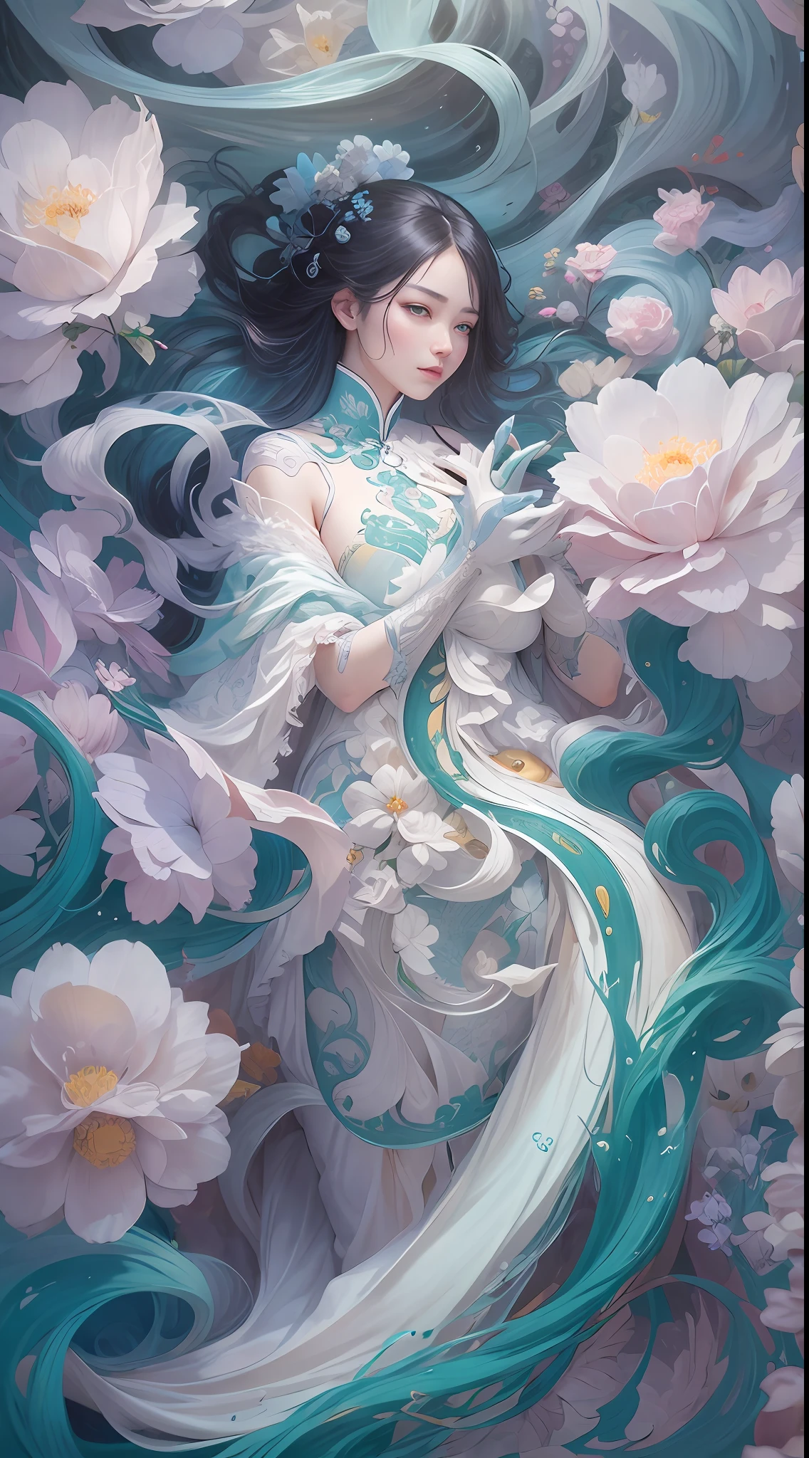 surrealism, conceptual art, classicism, back lit lighting, full bloom, Optical illusion, Wide-angle, Eye level shots, projected inset, hyper HD, Masterpiece, Textured skin, Super detail, High quality, Award-Awarded,Blue and white porcelain beauty,Green Swirl Soul, ornate and flowing, author:Tan Yang Kano,Ellen Jewett, Beeple e James Jean, author:Wen Boren, james jean and wlop, Chinese art, author:Ren Renfa, yanjun cheng, Thomas Villatte is intricate