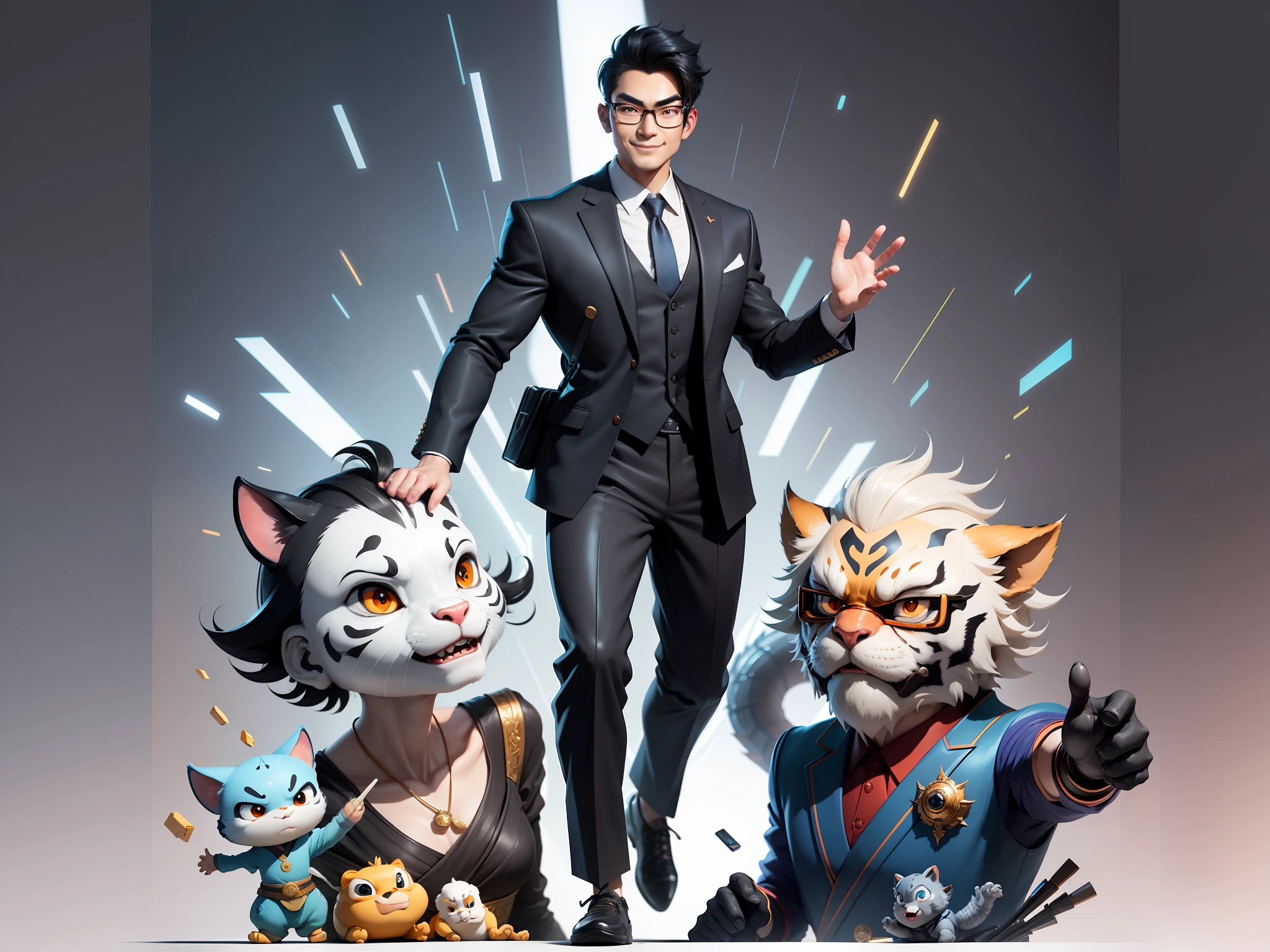 (Masterpiece), (Excellent), (Super Meticulous), (Full Body: 1.2), Super Young Man with Japanese Female Geisha, Pretty, Beautiful, Chinese Dragon, Tiger, Wind God Thor, Sexy, Bursting, Oriental Face, TV Anchor, Bust Portrait Illustration, Black Suit, Blue Tie, Slightly Chubby Face, Silver Glasses, Very Clean Face, No Beard on Chin, Black Super Short Hair, Black Eyes, Confident Smile, 3c Computer Sub-Products, iPad, iPhone, Digital Painting, 3D character design by Mark Clairedon and Pixar and Hayao Miyazaki and Akira Toriyama, the illustrations are HD illustrations in 4K resolution with highly detailed facial features and cartoon-style visuals.