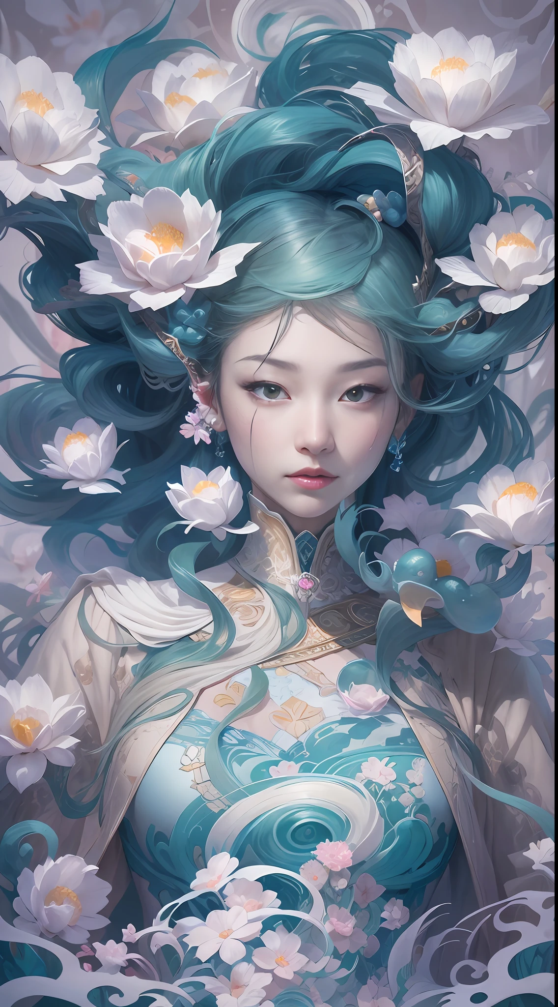 surrealism, conceptual art, classicism, back lit lighting, full bloom, Optical illusion, Wide-angle, Eye level shots, projected inset, hyper HD, Masterpiece, Textured skin, Super detail, High quality, Award-Awarded,Blue and white porcelain beauty,Green Swirl Soul, ornate and flowing, author:Tan Yang Kano,Ellen Jewett, Beeple e James Jean, author:Wen Boren, james jean and wlop, Chinese art, author:Ren Renfa, yanjun cheng, Thomas Villatte is intricate