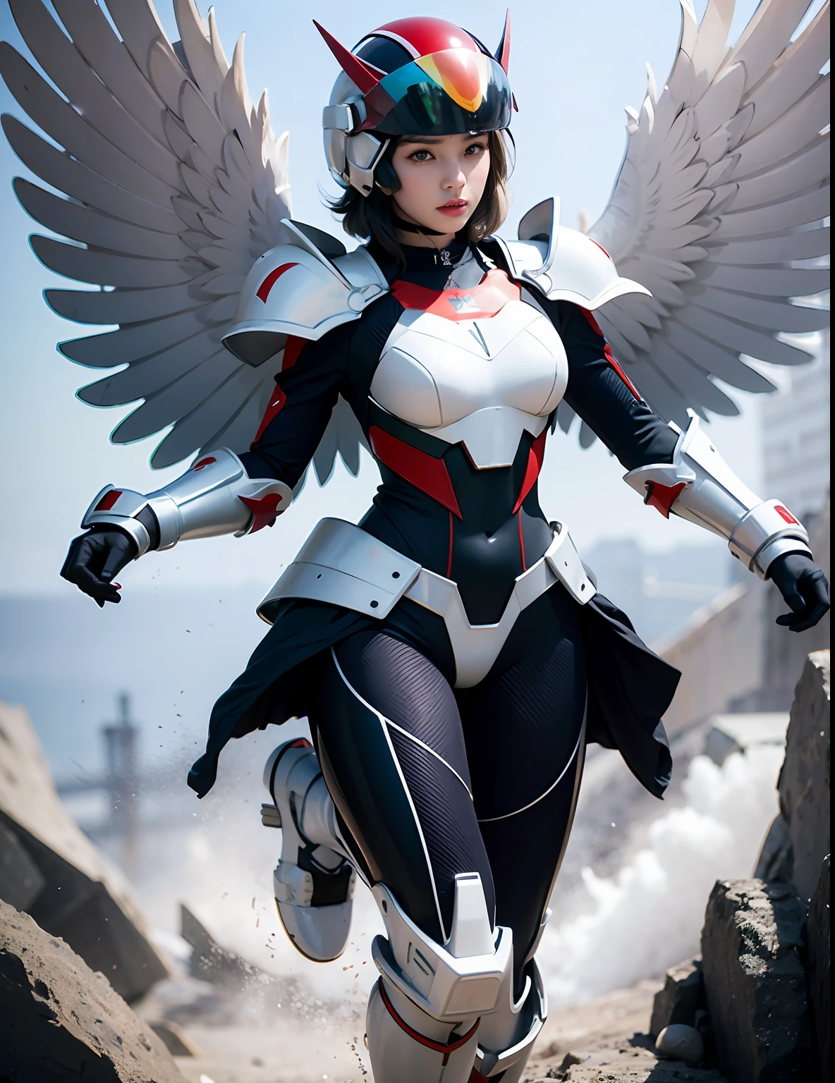 masterpiece, best quality, highres, extremely detailed 8k wallpaper, very clear, a photo with (film grain) of a (young:0.9) girl with perfect medium breasts and poofy hair, white hair, short hair, white eyes, (realistic face, perfect eyes, perfect face:1.1), goth makeup, winged eyeliner, choker, outside, simple background, mechanical body suit, armor suit, gundam, wings, flying parts, holding a helmet, full body shot
