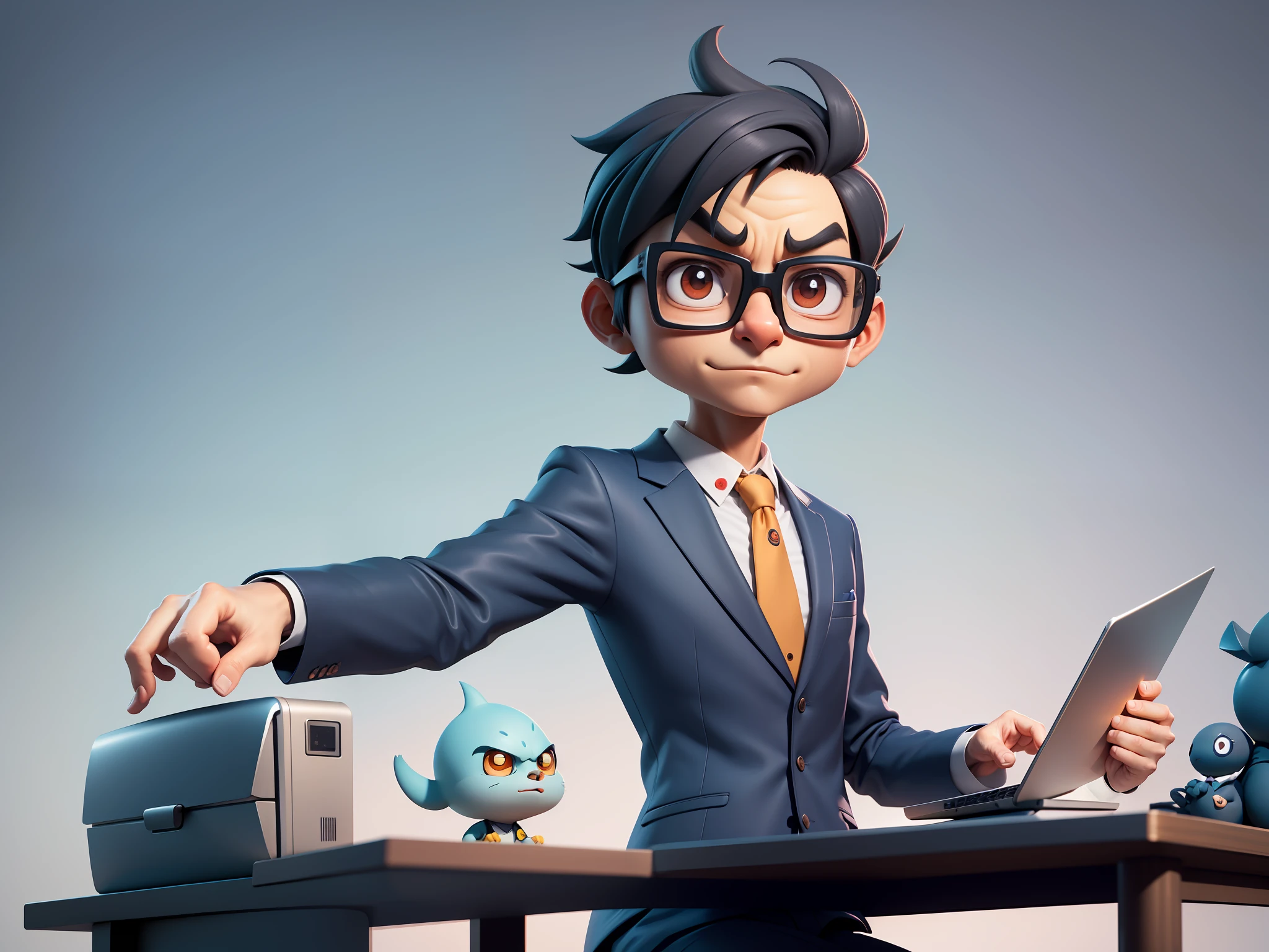 A young man in a suit, Short hair and glasses sat at his desk,holding laptop,digitial painting,tigre,3D character design by Mark Clairen and Pixar and Hayao Miyazaki and Akira Toriyama,4K HD illustration,Very detailed facial features and cartoon-style visuals。