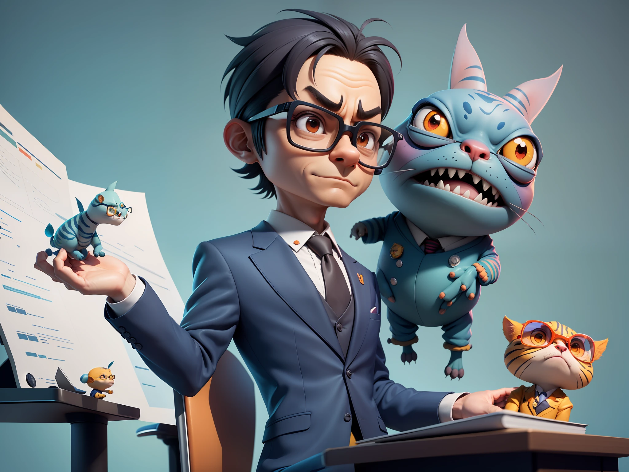 A young man in a suit, Short hair and glasses sat at his desk,holding laptop,digitial painting,tigre,3D character design by Mark Clairen and Pixar and Hayao Miyazaki and Akira Toriyama,4K HD illustration,Very detailed facial features and cartoon-style visuals。