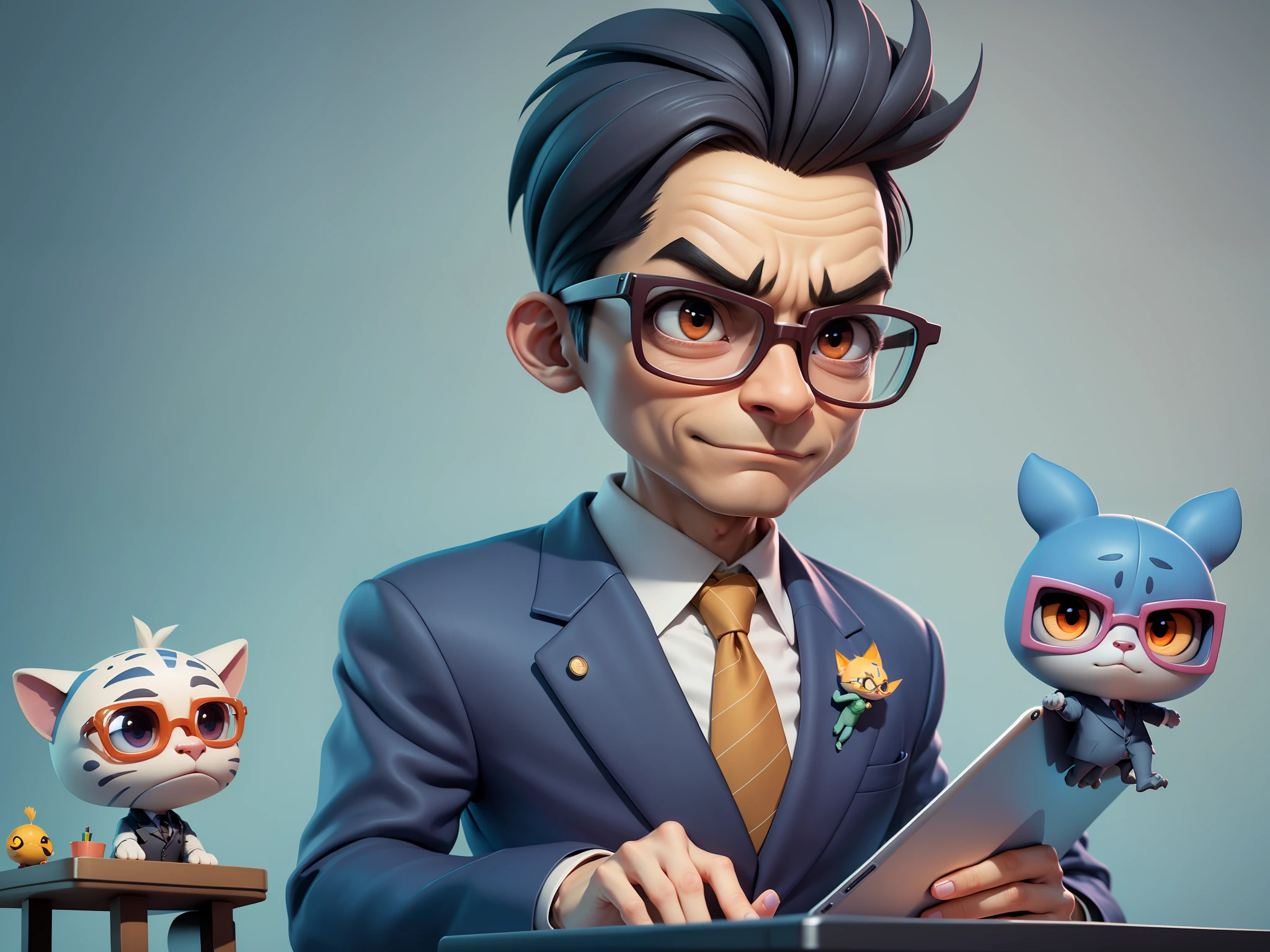 A young man in a suit, Short hair and glasses sat at his desk,holding laptop,digitial painting,tigre,3D character design by Mark Clairen and Pixar and Hayao Miyazaki and Akira Toriyama,4K HD illustration,Very detailed facial features and cartoon-style visuals。