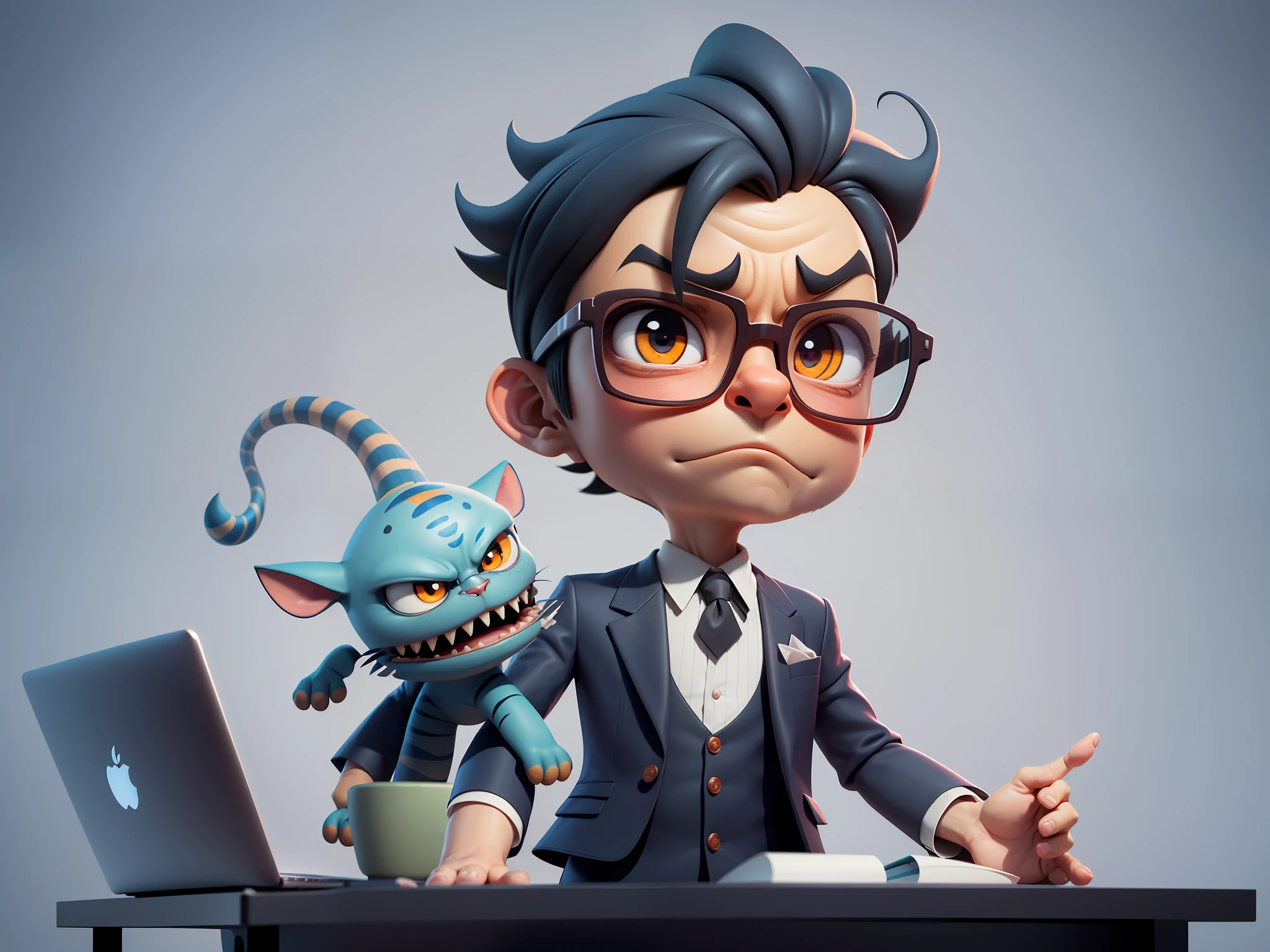 A young man in a suit, Short hair and glasses sat at his desk，holding laptop，digitial painting，tigre，3D character design by Mark Clairen and Pixar and Hayao Miyazaki and Akira Toriyama，4K HD illustration，Very detailed facial features and cartoon-style visuals。