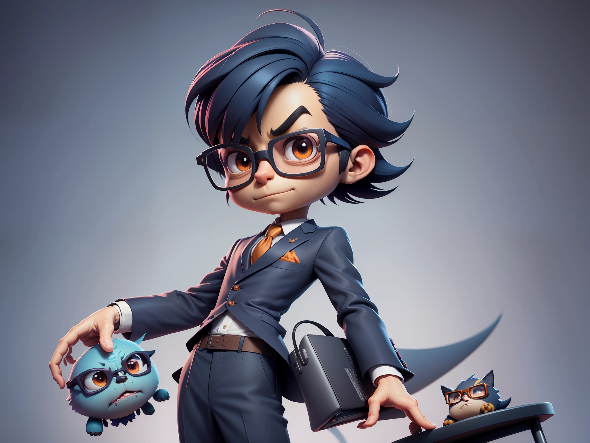 A young man in a suit and pants, Short hair and glasses sat at his desk，holding laptop，digitial painting，tigre，3D character design by Mark Clairen and Pixar and Hayao Miyazaki and Akira Toriyama，4K HD illustration，Very detailed facial features and cartoon-style visuals。