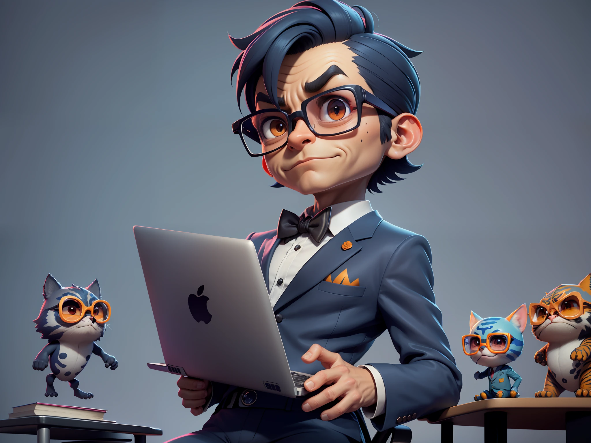 A young man in a suit and pants, Short hair and glasses sat at his desk,holding laptop,digitial painting,tigre,3D character design by Mark Clairen and Pixar and Hayao Miyazaki and Akira Toriyama,4K HD illustration,Very detailed facial features and cartoon-style visuals。