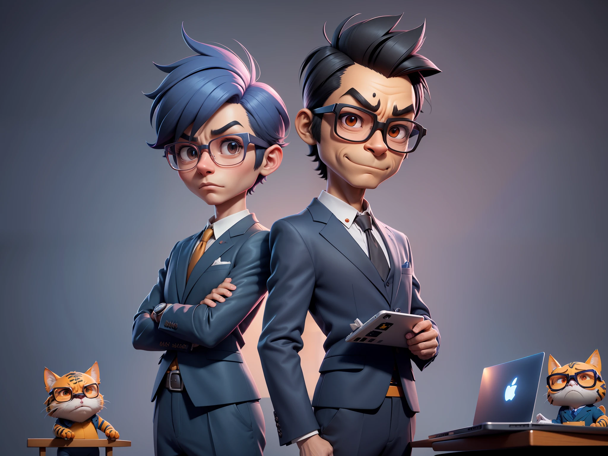 A young man in a suit and pants, Short hair and glasses sat at his desk,holding laptop,digitial painting,tigre,3D character design by Mark Clairen and Pixar and Hayao Miyazaki and Akira Toriyama,4K HD illustration,Very detailed facial features and cartoon-style visuals。