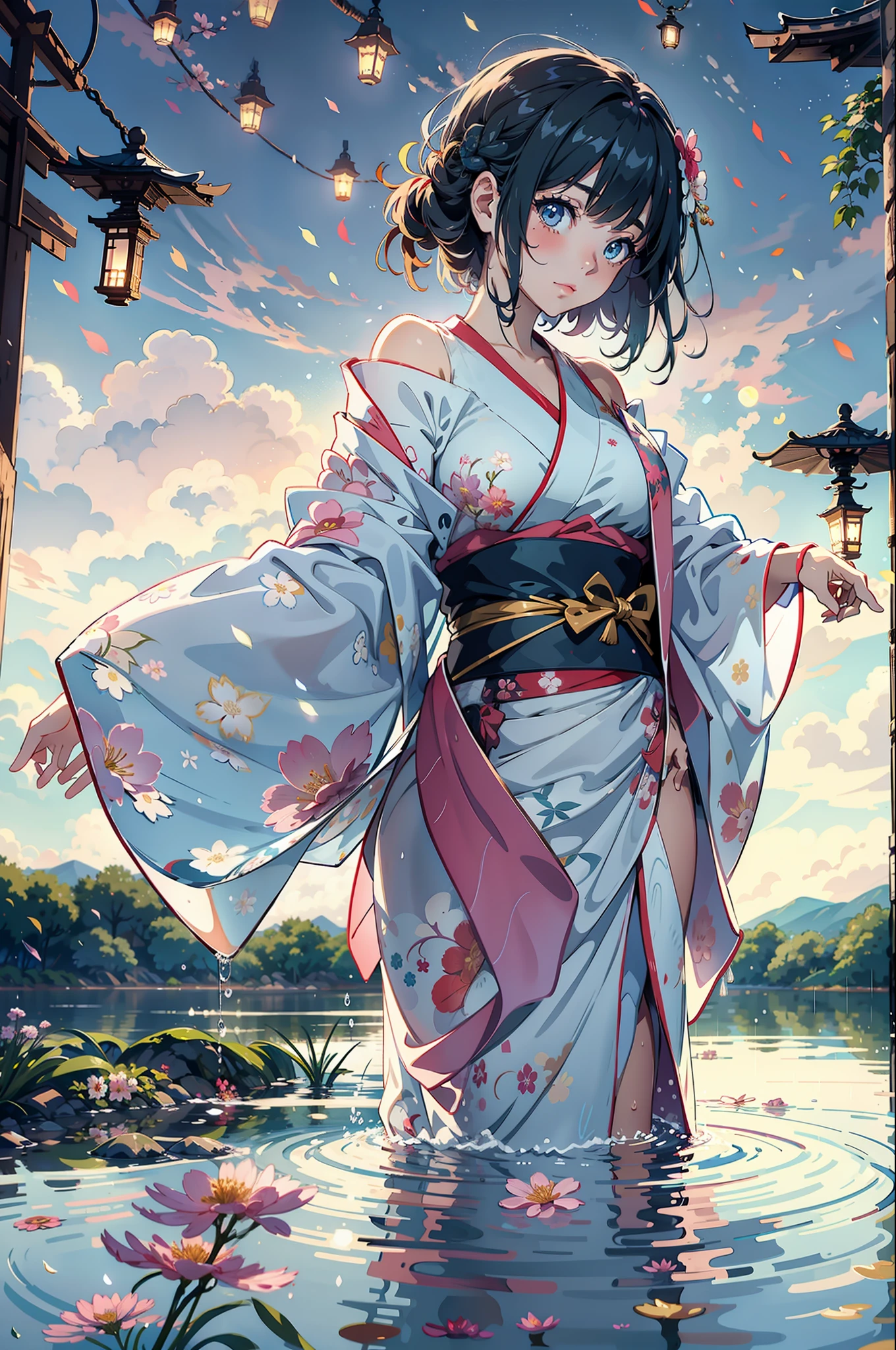 1girl, breasts, moon, lantern, night, solo, large breasts, hair ornament, wet, kimono, japanese clothes, wading, water, hair flower, flower, outdoors, sky, full moon, rain, black hair, off shoulder, mountain, cloud, holding, sash, bare shoulders, paper lantern, standing, white kimono, night sky, sideboob, obi, wet clothes, bangs, tree, from side, reflection, short hair, cloudy sky, wet hair (((masterpiece),(extremely detailed CG unity 8k wallpaper),best quality,,solo,1girl,cinematic lighting,detailed background,beautiful detailed eyes,bright pupils, (an extremely delicate and beautiful),(Beautiful and detailed eye description), ultra-detailed,masterpiece,)),