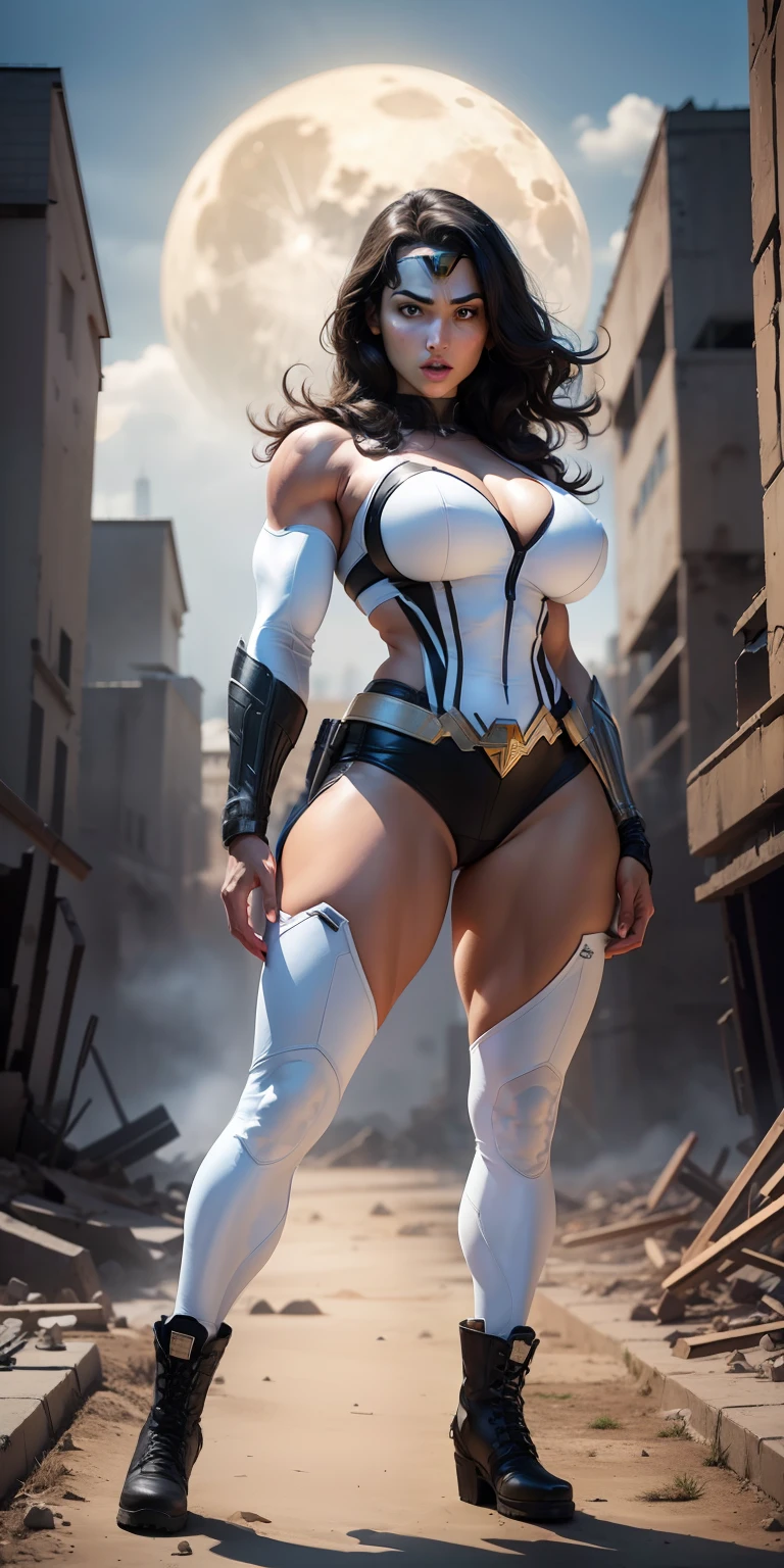 Movie poster, character design (gal gadot) wearing a white combat uniform, standing alone in the ruins of the apocalypse, with a cool expression, muscular woman hero, heroic female pose, tall and burly, muscular! Wearing sexy bra, (big breast:1.4), sexy charming muscular leg muscles, tall burly, creamy white combat suit, super gain and cool, high resolution committee, cream combat boots, attractive strong female, bright moonlight on the body, lonely