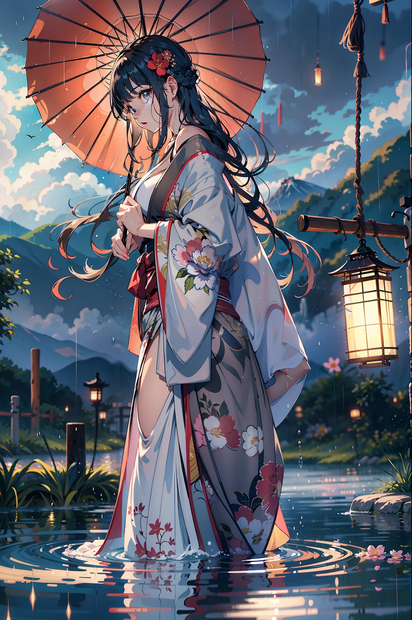 1girl, breasts, moon, lantern, night, solo, large breasts, hair ornament, wet, kimono, japanese clothes, wading, water, hair flower, flower, outdoors, sky, full moon, rain, black hair, off shoulder, mountain, cloud, holding, sash, bare shoulders, paper lantern, standing, white kimono, night sky, sideboob, obi, wet clothes, bangs, tree, from side, reflection, short hair, cloudy sky, wet hair (((masterpiece),(extremely detailed CG unity 8k wallpaper),best quality,,solo,1girl,cinematic lighting,detailed background,beautiful detailed eyes,bright pupils, (an extremely delicate and beautiful),(Beautiful and detailed eye description)， ultra-detailed,masterpiece,)),