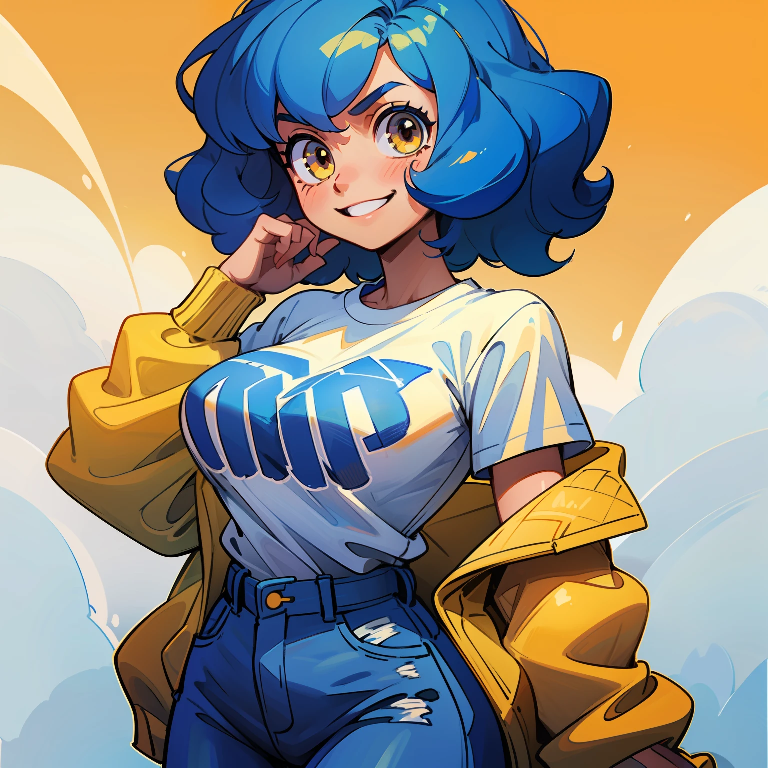 (1 girl), (solo), white t-shirt, yellow jacket, short blue hair, wavy blue hair, brown eyes, strong build, athletic body, big breasts, jeans, (high quality), (hd), (very detailed) ), curly hair, broad shoulders, all white shirt, ((T-shirt without print)), wide waist, slightly chubby, totally white shirt, smile