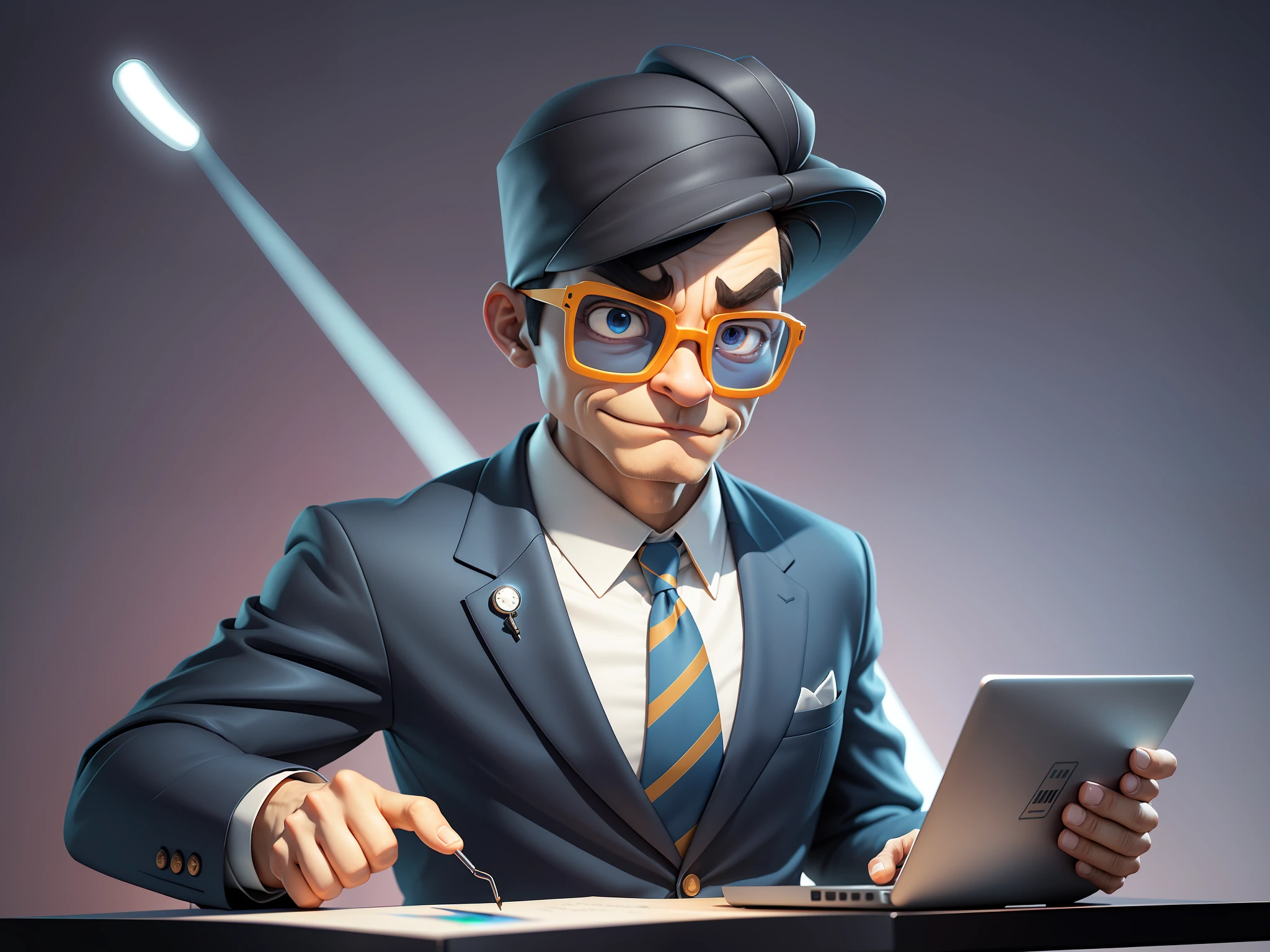 A young man in a suit and pants, Short hair and glasses sat at his desk,holding laptop,digitial painting,tigre,3D character design by Mark Clairen and Pixar and Hayao Miyazaki and Akira Toriyama,4K HD illustration,Very detailed facial features and cartoon-style visuals。