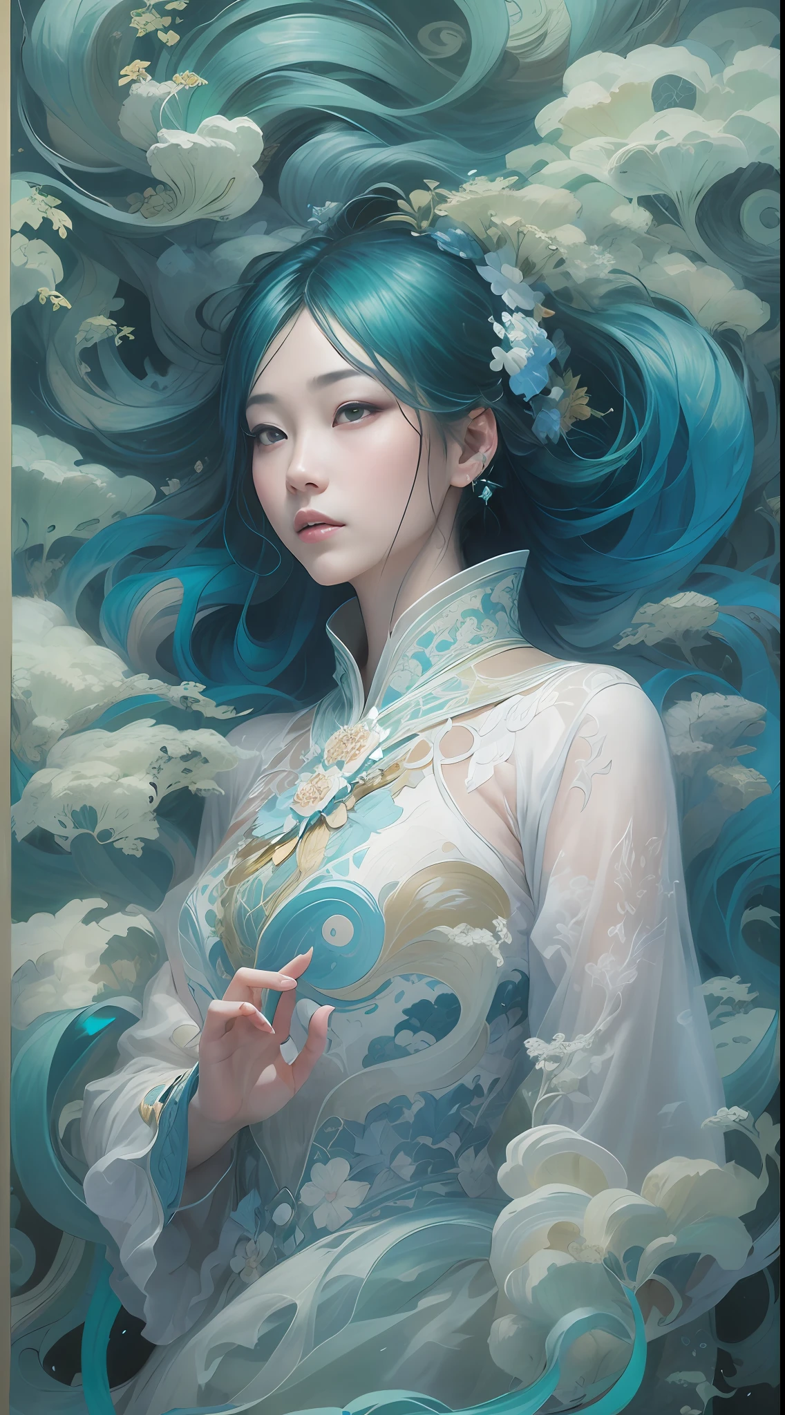 surrealism, conceptual art, classicism, back lit lighting, full bloom, Optical illusion, Wide-angle, Eye level shots, projected inset, hyper HD, Masterpiece, Textured skin, Super detail, High quality, Award-Awarded，Blue and white porcelain beauty，Green Swirl Soul, ornate and flowing, author：Tan Yang Kano,Ellen Jewett, Beeple e James Jean, author：Wen Boren, james jean and wlop, Chinese art, author：Ren Renfa, yanjun cheng, Thomas Villatte is intricate
