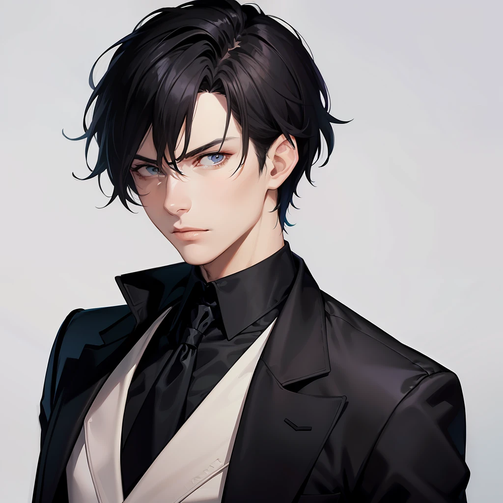 anime - Draw an elegant young man dressed in a black jacket and white shirt, with black hair styled back, staring staring with determination in a realistic style.