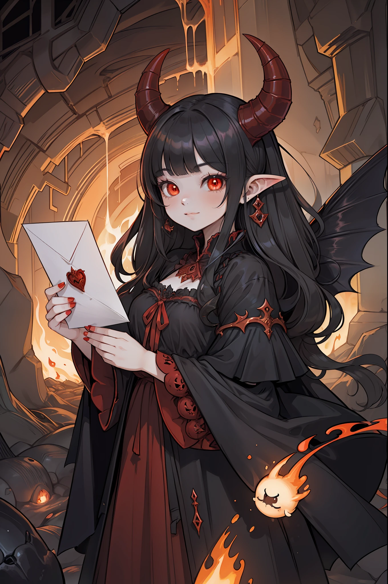 hellish ((messenger)), a charming girl with (long demonic horns), gently (handing a letter) in the depths of hell,( fire and lava) background, they are in hell. the letter has a heart, she has a (devils tail) and a gothic robe, glowing red eyes, 4k, full of details, intricate, gentle, beautiful, creepy cute, evil