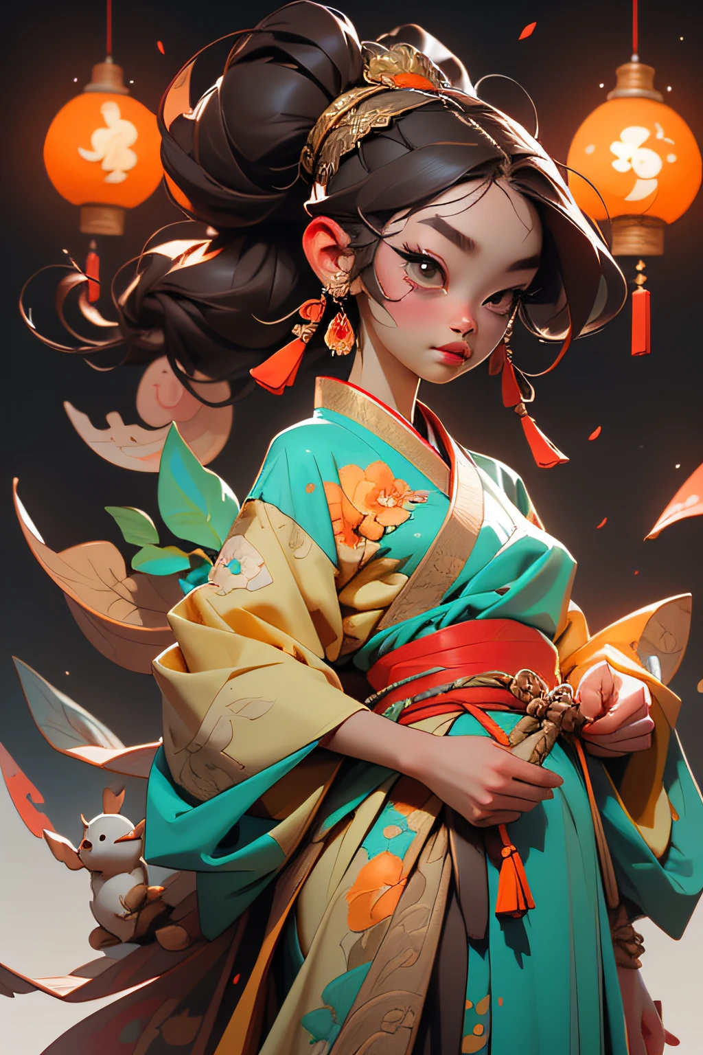 A Chinese girl in Hanfu, holding a lantern in one hand, dragging mooncakes with the other, autumn, Mid-Autumn Festival, mooncakes, dark brown hair, ancient Chinese hair bun, pattern, orange-red skirt, cyan-orange color matching, golden osmanthus flowers on both sides of the hair, some metallic flower headdresses, bright color blocks, bright colors, line art, infinite details, fine painting, exquisite portrayal, blank background 8k,