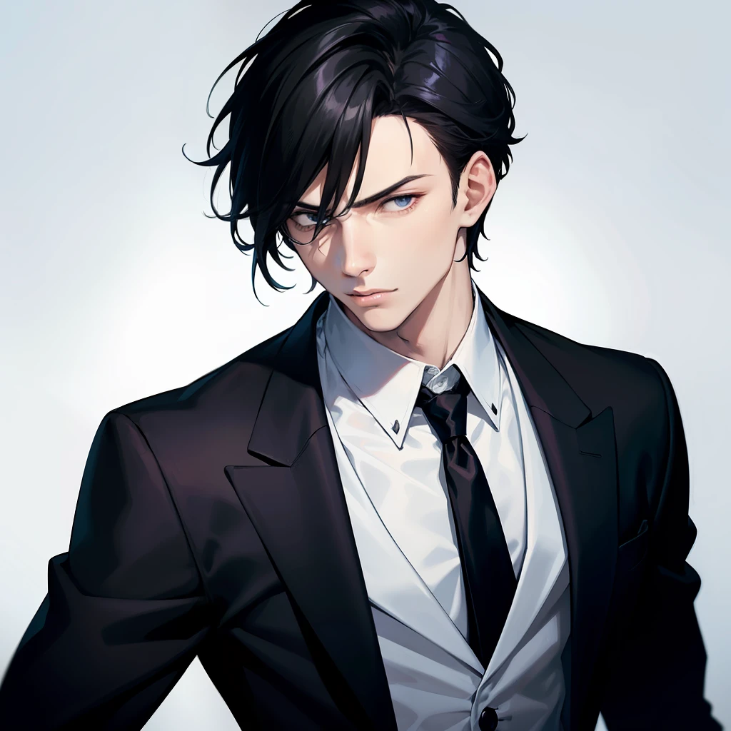 anime - Draw an elegant young man dressed in a black jacket and white shirt, with black hair styled back, staring staring with determination in a realistic style.