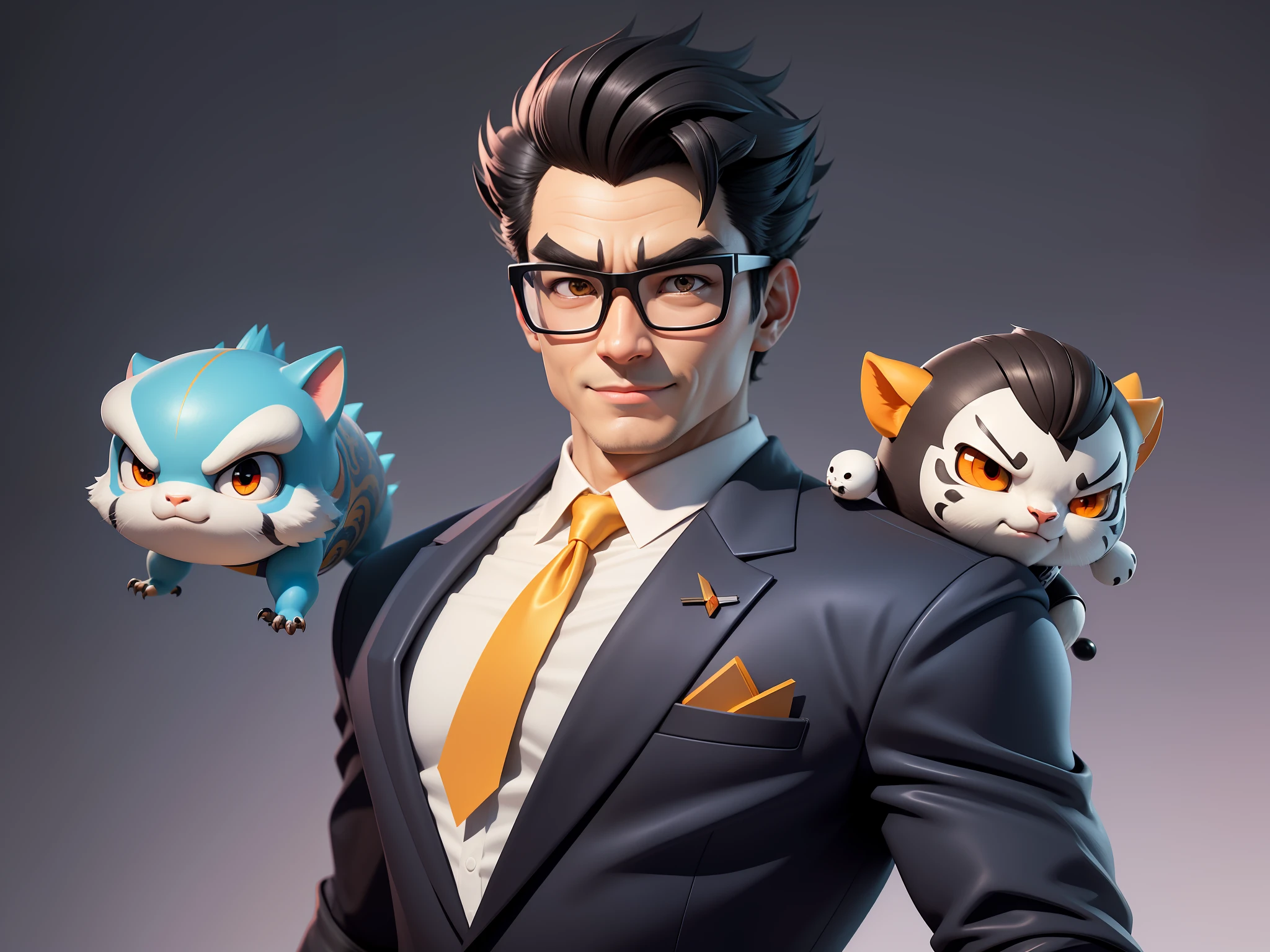 (Masterpiece), (Excellent), (Super Meticulous), (Full Body: 1.2), Super Young Man with Japanese Female Geisha, Pretty, Beautiful, Chinese Dragon, Tiger, Wind God Thor, Sexy, Bursting, Oriental Face, TV Anchor, Bust Portrait Illustration, Black Suit, Blue Tie, Slightly Chubby Face, Silver Glasses, Very Clean Face, No Beard on Chin, Black Super Short Hair, Black Eyes, Confident Smile, 3c Computer Sub-Products, iPad, iPhone, Digital Painting, 3D character design by Mark Clairedon and Pixar and Hayao Miyazaki and Akira Toriyama, the illustrations are HD illustrations in 4K resolution with highly detailed facial features and cartoon-style visuals.
