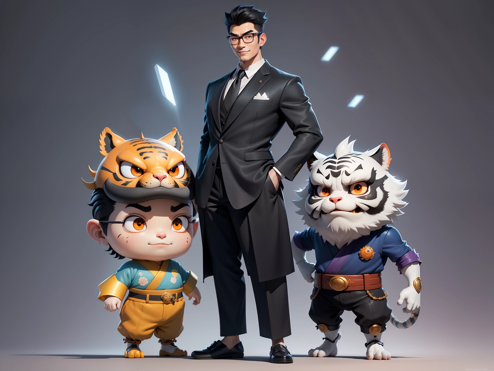 (Masterpiece), (Excellent), (Super Meticulous), (Full Body: 1.2), Super Young Man with Japanese Female Geisha, Pretty, Beautiful, Chinese Dragon, Tiger, Wind God Thor, Sexy, Bursting, Oriental Face, TV Anchor, Bust Portrait Illustration, Black Suit, Blue Tie, Slightly Chubby Face, Silver Glasses, Very Clean Face, No Beard on Chin, Black Super Short Hair, Black Eyes, Confident Smile, 3c Computer Sub-Products, iPad, iPhone, Digital Painting, 3D character design by Mark Clairedon and Pixar and Hayao Miyazaki and Akira Toriyama, the illustrations are HD illustrations in 4K resolution with highly detailed facial features and cartoon-style visuals.