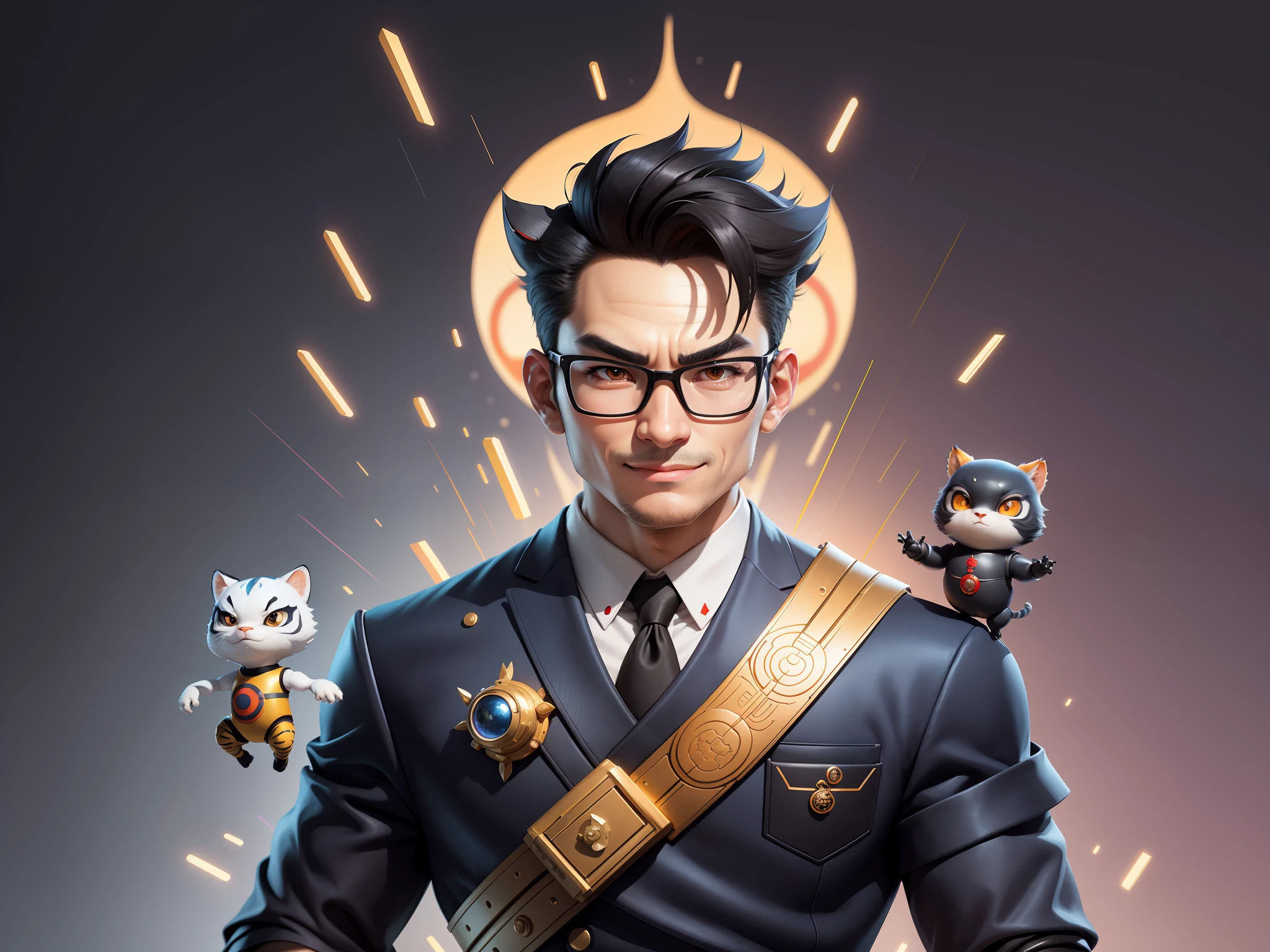 (Masterpiece), (Excellent), (Super Meticulous), (Full Body: 1.2), Super Young Man with Japanese Female Geisha, Pretty, Beautiful, Chinese Dragon, Tiger, Wind God Thor, Sexy, Bursting, Oriental Face, TV Anchor, Bust Portrait Illustration, Black Suit, Blue Tie, Slightly Chubby Face, Silver Glasses, Very Clean Face, No Beard on Chin, Black Super Short Hair, Black Eyes, Confident Smile, 3c Computer -Products, iPad, iPhone, Digital Painting, 3D character design by Mark Clairedon and Pixar and Hayao Miyazaki and Akira Toriyama, the illustrations are HD illustrations in 4K resolution with highly detailed  features and cartoon-style visuals.