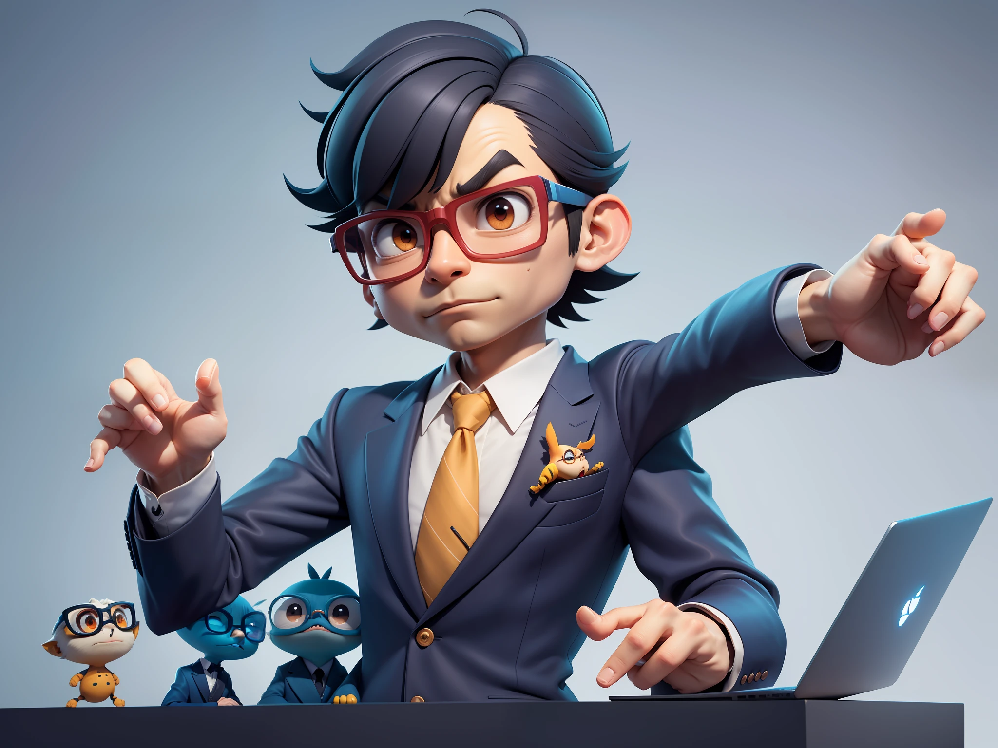 A young man in a suit, Short hair and glasses sat at his desk，holding laptop，digitial painting，tigre，3D character design by Mark Clairen and Pixar and Hayao Miyazaki and Akira Toriyama，4K HD illustration，Very detailed facial features and cartoon-style visuals。