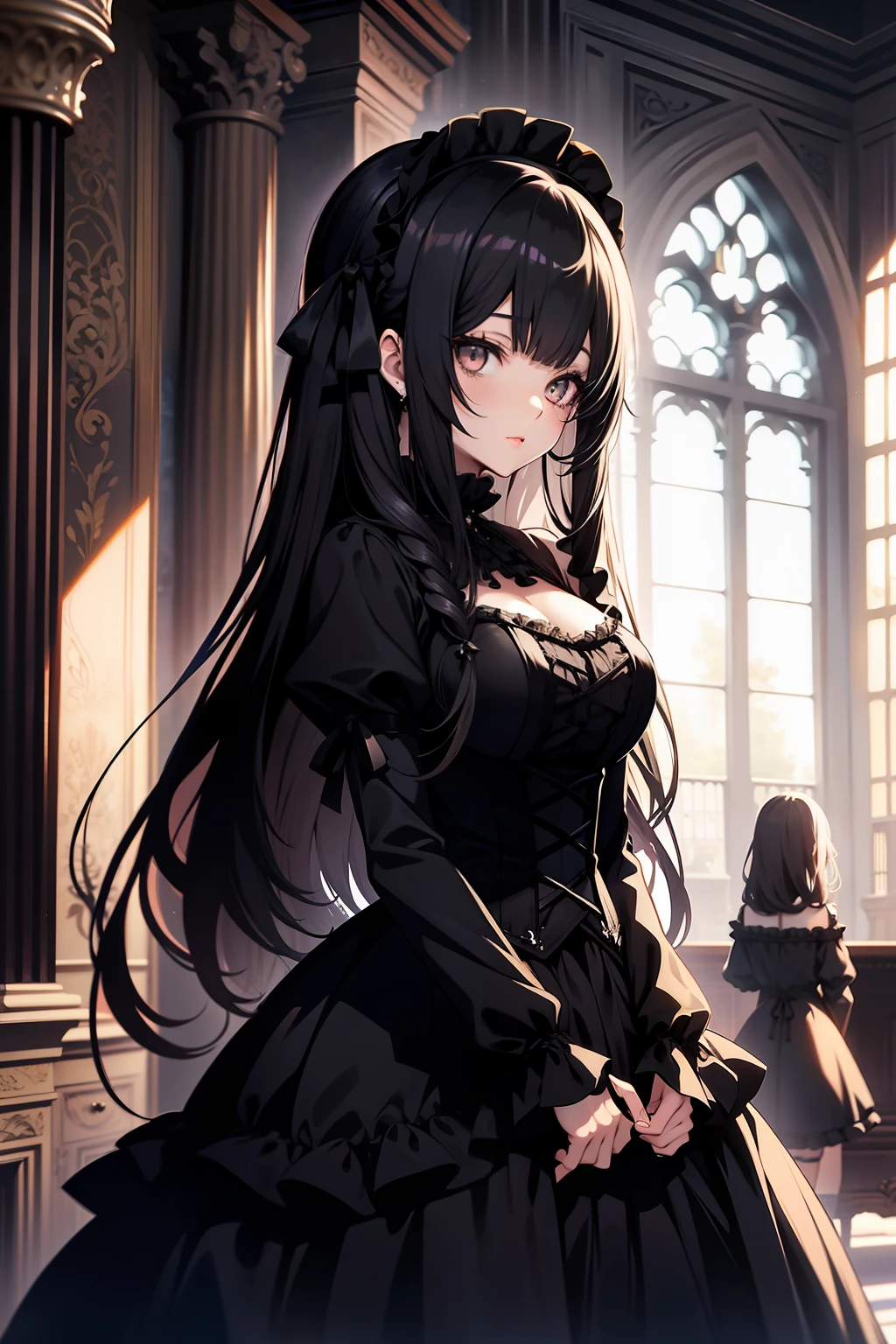 anime, goth girl, emo girl, long hair, lolita hair, gothic dress, black dress, victorian dress, white eyes, gothic art style, in a mansion, two maids behind,