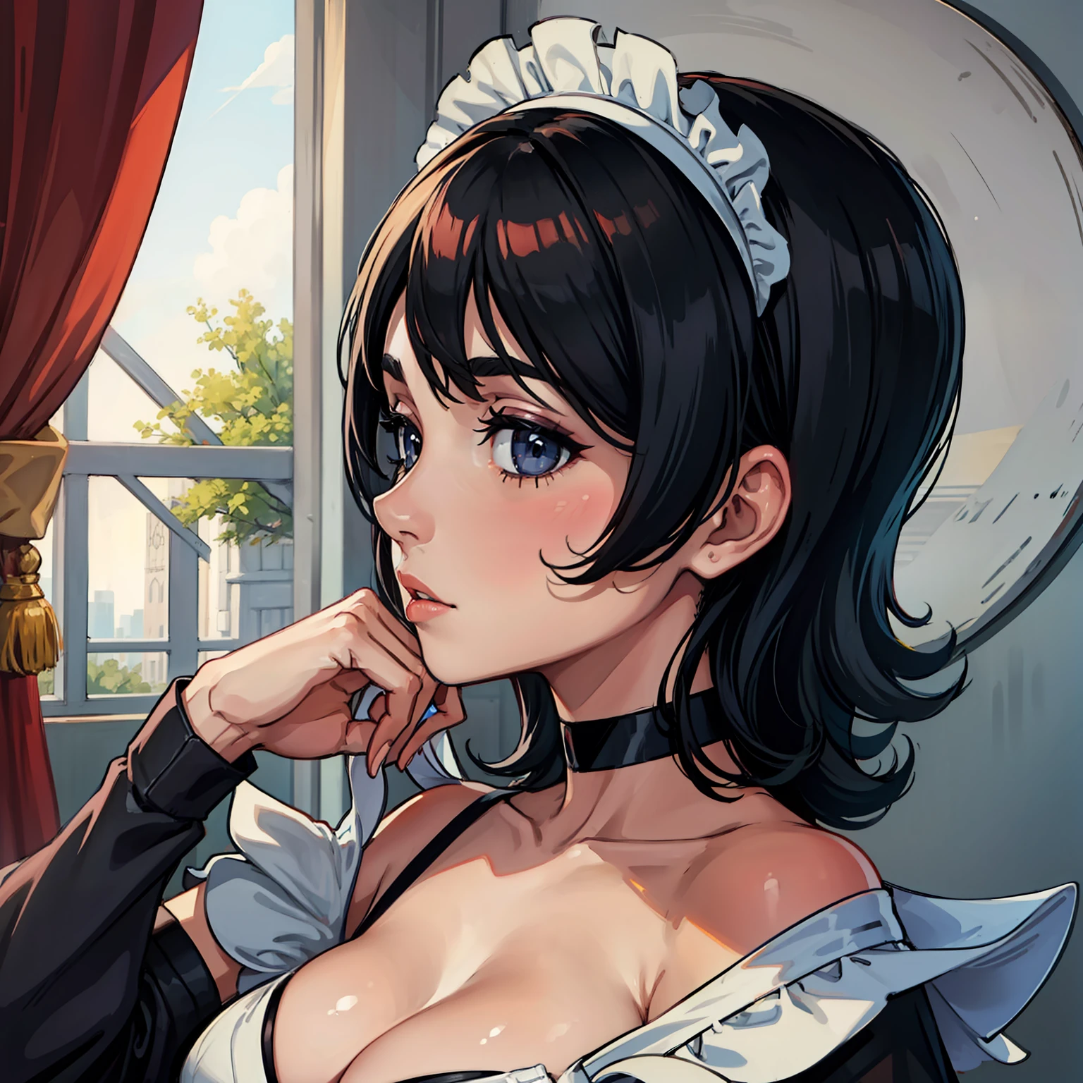 ((portrait)), 1girl, (irohams:1.4), maid, maid headdress, choker, facing side, looking at side, profile, bare shoulders, cleavage