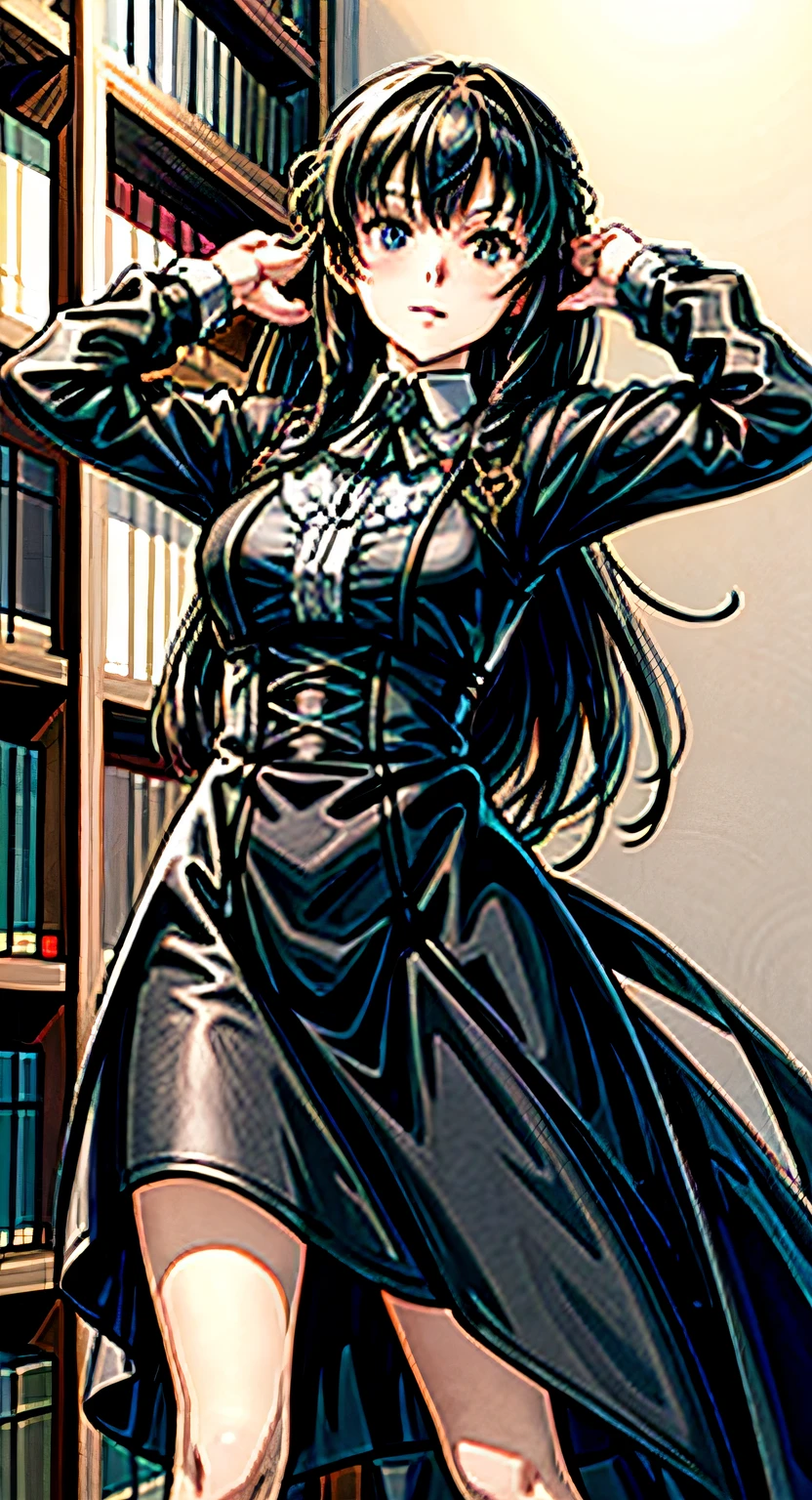 actionpose、(linear art_Anime:1.0).Anime girl posing in front of bookshelf,  Woman in black gothic dress,