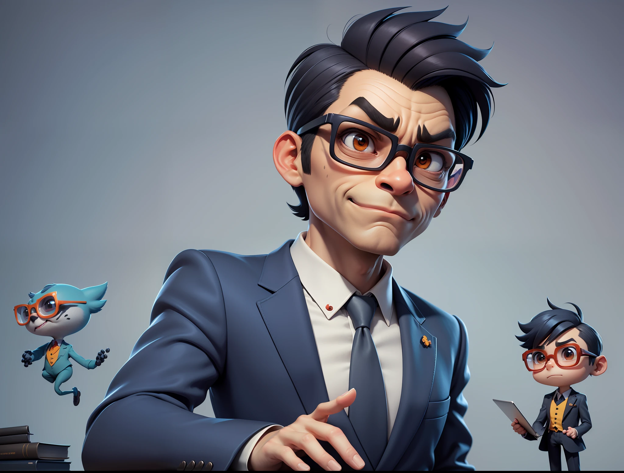 A young man in a suit and pants, Short hair and glasses sat at his desk，holding laptop，digitial painting，tigre，3D character design by Mark Clairen and Pixar and Hayao Miyazaki and Akira Toriyama，4K HD illustration，Very detailed facial features and cartoon-style visuals。