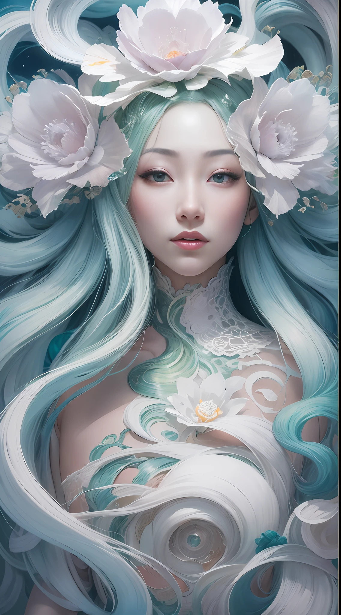 surrealism, conceptual art, classicism, back lit lighting, full bloom, Optical illusion, Wide-angle, Eye level shots, projected inset, hyper HD, Masterpiece, Textured skin, Super detail, High quality, Award-Awarded，Blue and white porcelain beauty，Green Swirl Soul, ornate and flowing, author：Tan Yang Kano,Ellen Jewett, Beeple e James Jean, author：Wen Boren, james jean and wlop, Chinese art, author：Ren Renfa, yanjun cheng, Thomas Villatte is intricate