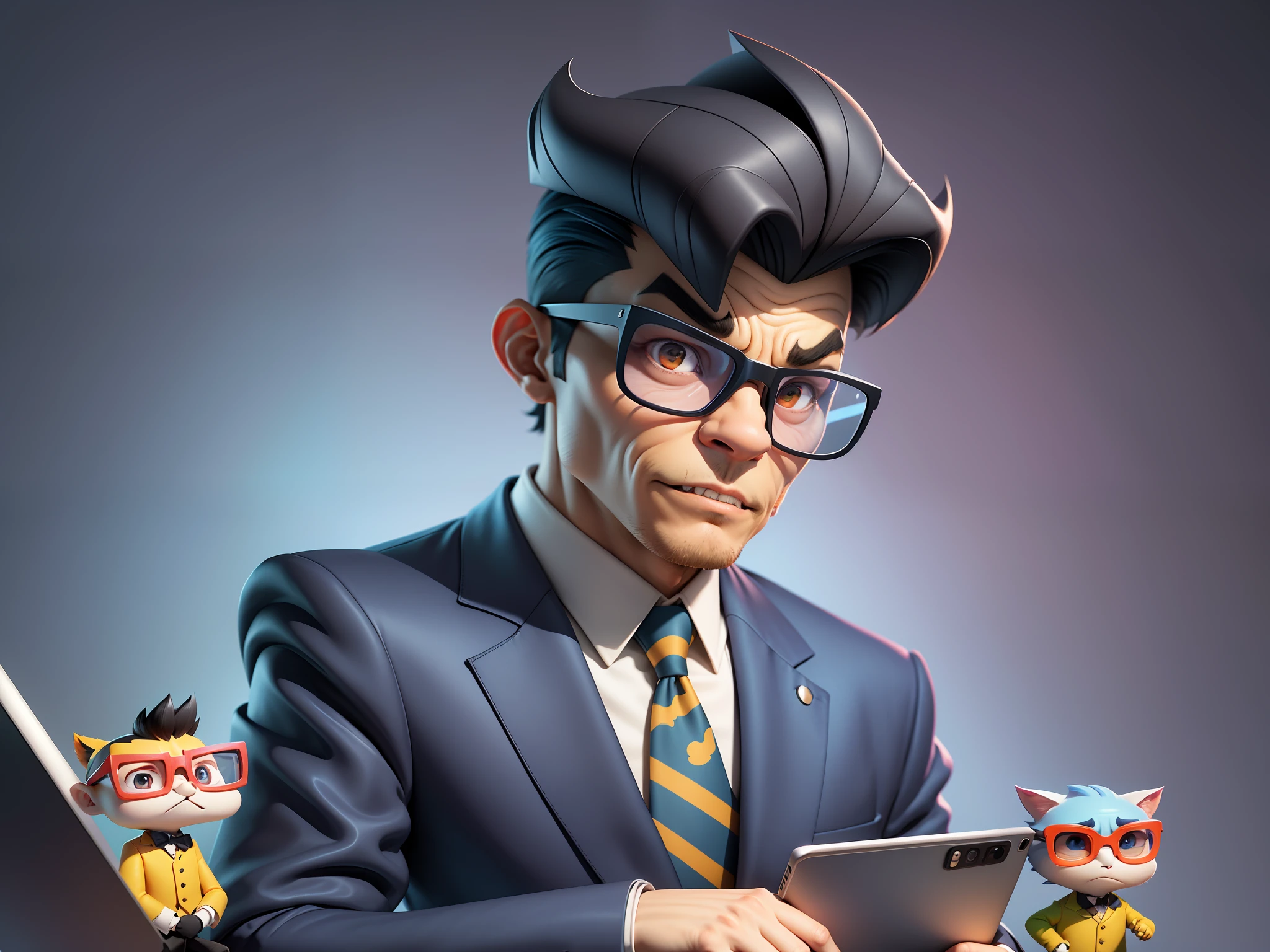 A young man in a suit and pants, Short hair and glasses sat at his desk,holding laptop,digitial painting,tigre,3D character design by Mark Clairen and Pixar and Hayao Miyazaki and Akira Toriyama,4K HD illustration,Very detailed facial features and cartoon-style visuals。