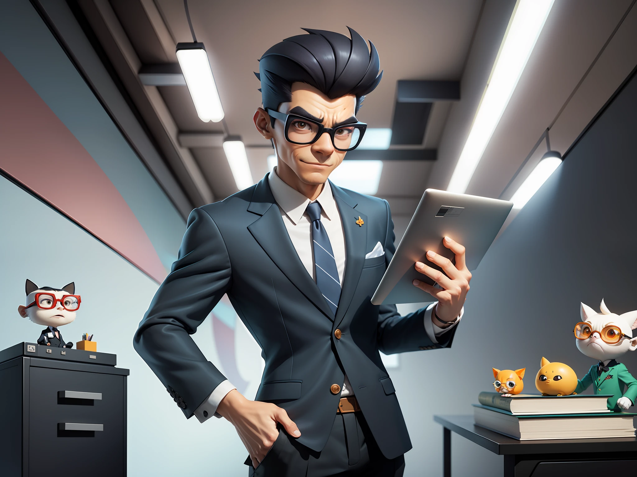 A young man in a suit and pants, Short hair and glasses sat at his desk,holding laptop,digitial painting,tigre,3D character design by Mark Clairen and Pixar and Hayao Miyazaki and Akira Toriyama,4K HD illustration,Very detailed facial features and cartoon-style visuals。