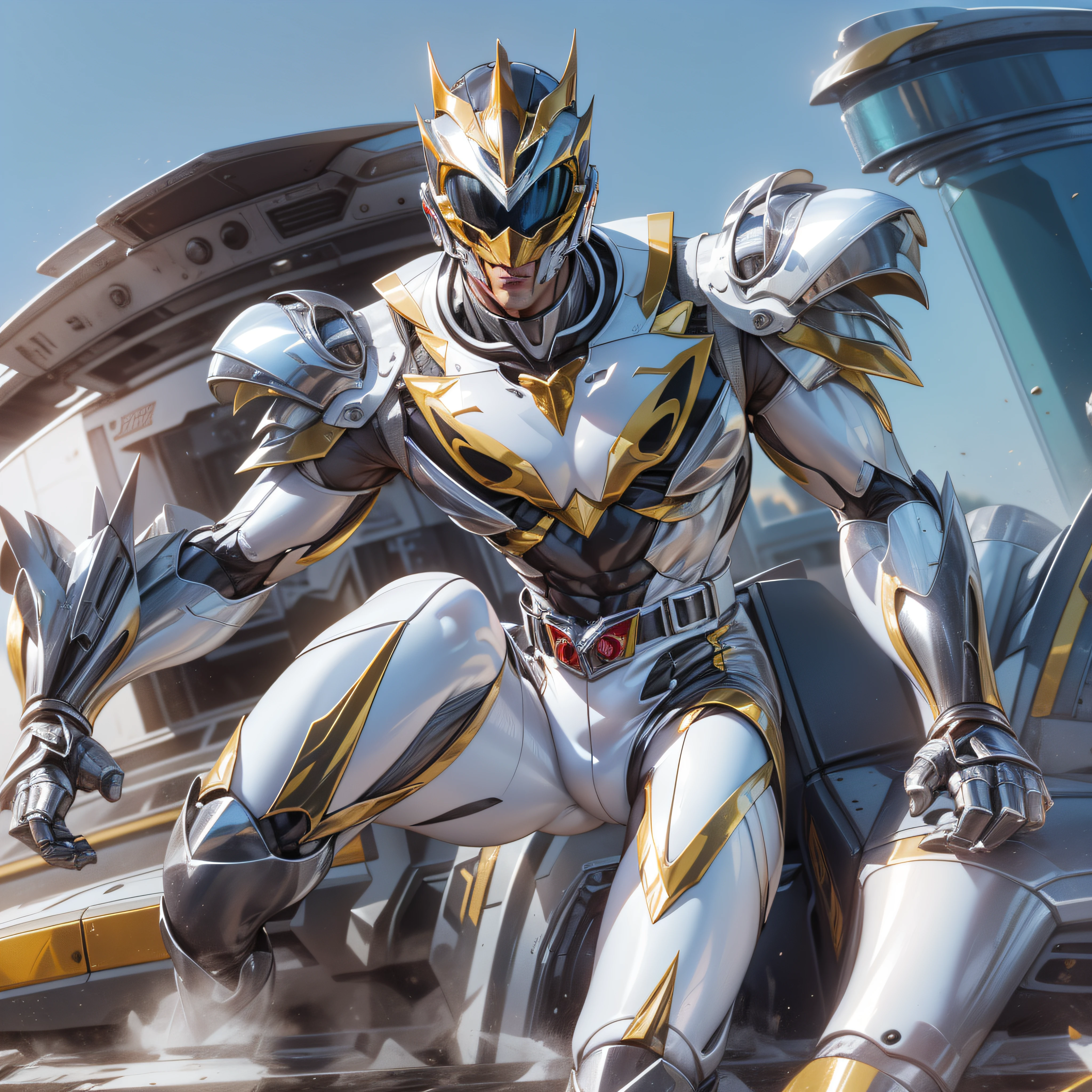 1man, masterpiece,best quality, masterpiece, high detail,detailed face,detailed eyes,rendered eyes,perfect eyes,hip lines,ambient occlusion,crisp image,detailed,amazing,8k,8k wallpaper,8k background,high detailed skin,high res, ((male shot)), (running), megazord, mecha, (sitting in megazord cockpit) ((solo)), (silver chrome male Power Ranger), (((silver chrome armor, silver chrome Fox helmet, silver chrome bodysuit, white belt, black eyes, white gloves))), (((white boots))), gold chrome armor, white gloves, silver chrome bodysuit, vambraces, photo-realistic, ultra-realistic, unreal engine,