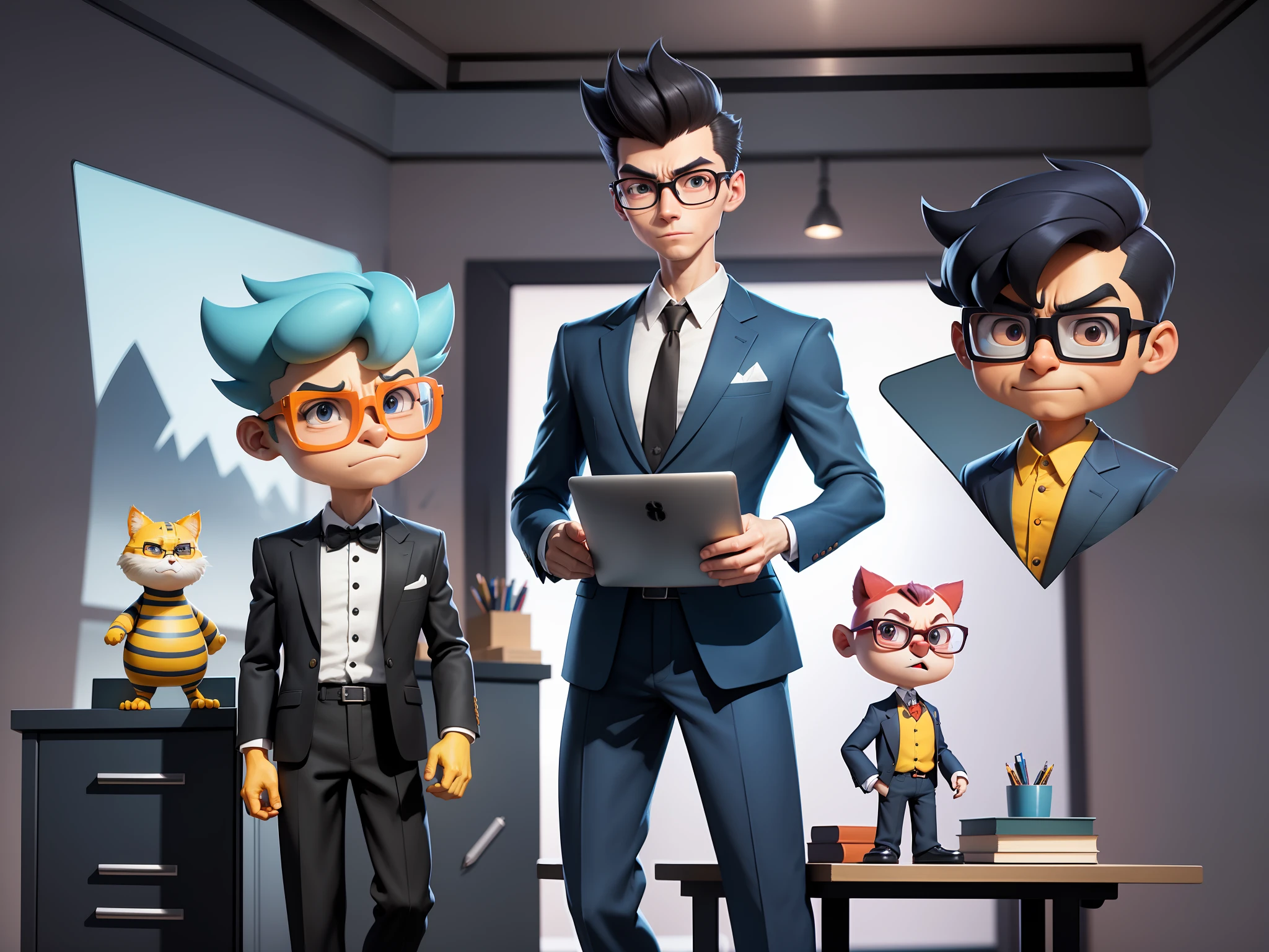 A young man in a suit and pants, Short hair and glasses sat at his desk,holding laptop,digitial painting,tigre,3D character design by Mark Clairen and Pixar and Hayao Miyazaki and Akira Toriyama,4K HD illustration,Very detailed facial features and cartoon-style visuals。
