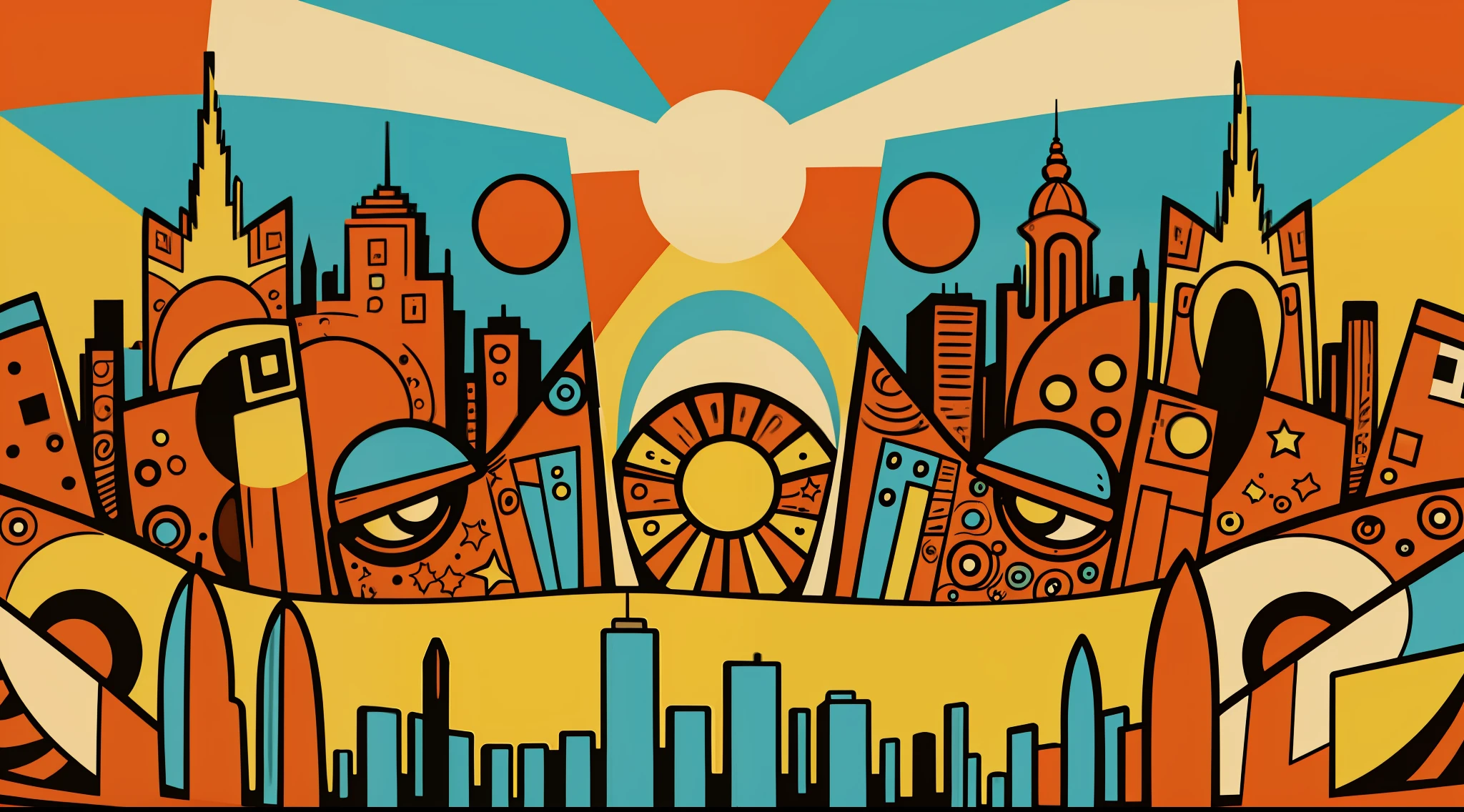 Graffiti style, Pop. city, Flat illustration, vector. Bright, pop colors, colourfull, Picasso style, cubismo, Minimalist Gustav Klimtblend