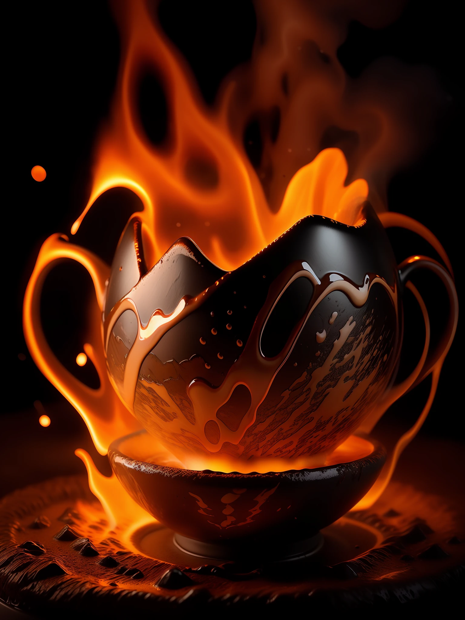 Volcano Coffee cup, latte art of maximal coffee, violently erupting out of kintsugi black lava rock coffee cups, rims glowing hot, molten red coffee lava splashing and overflowing out of the cup, volumetric dust particles, exploding lava, steam, floating celestial, bokeh, night, moonlight, moonbeams, surreal, magic dust